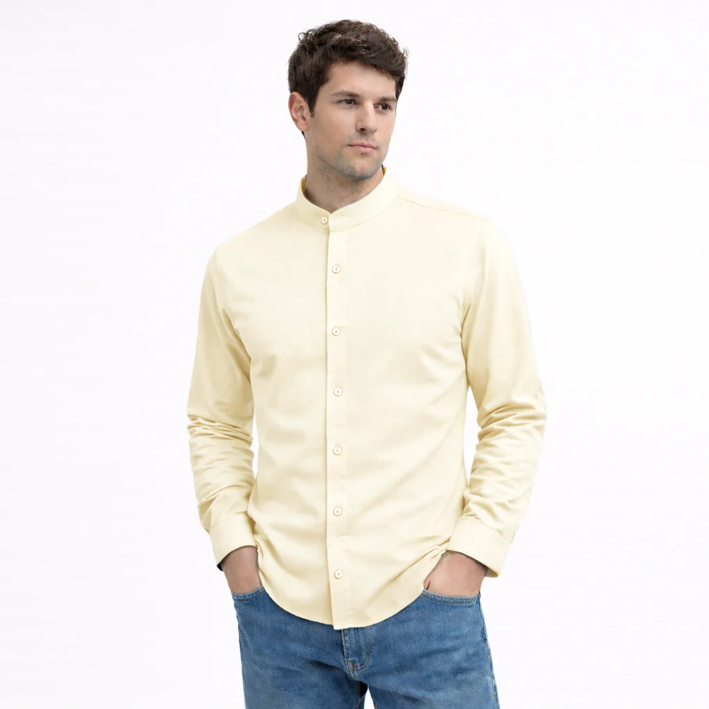 MEN’S CHINESE COLLAR SHIRT | FULL SLEEVE COTTON LINEN T-NECK SHIRT | BEIGE COLOR - Image 3