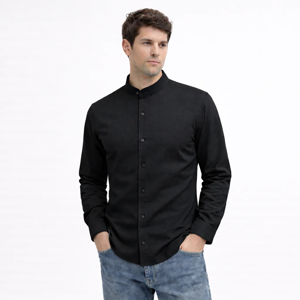 MEN’S CHINESE COLLAR SHIRT | FULL SLEEVE COTTON LINEN T-NECK SHIRT | BLACK COLOR - Image 3