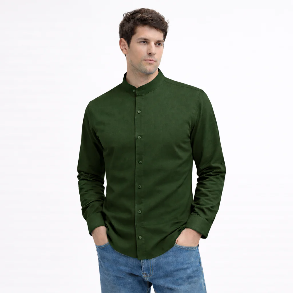MEN’S CHINESE COLLAR SHIRT | FULL SLEEVE COTTON LINEN T-NECK SHIRT | DARK GREEN COLOR - Image 3
