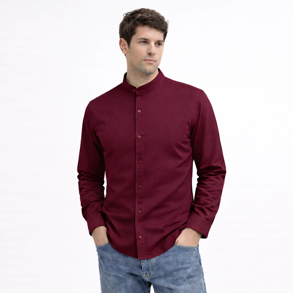 MEN’S CHINESE COLLAR SHIRT | FULL SLEEVE COTTON LINEN T-NECK SHIRT | DARK MAROON COLOR - Image 3