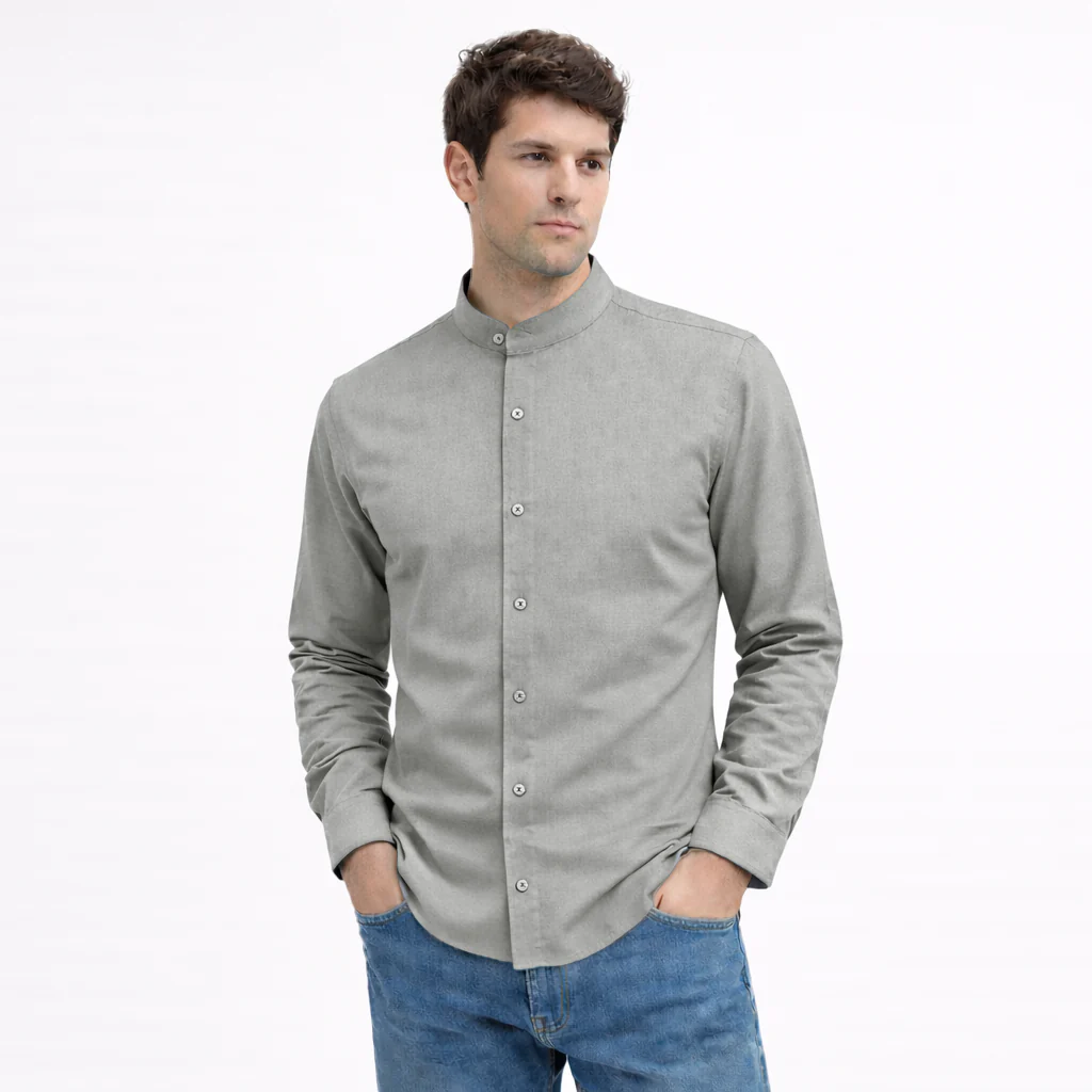 MEN’S CHINESE COLLAR SHIRT | FULL SLEEVE COTTON LINEN T-NECK SHIRT | GREY COLOR - Image 3