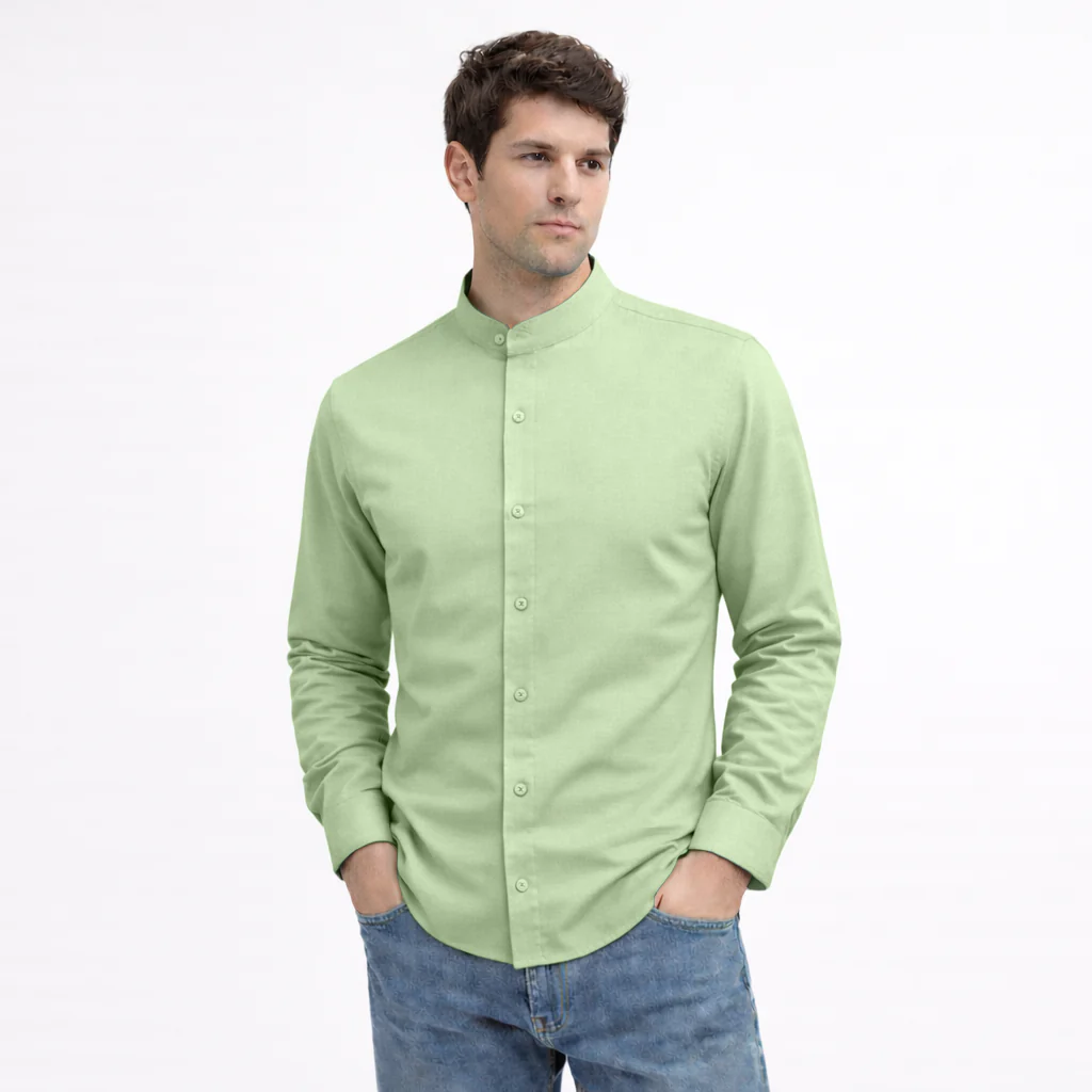 MEN’S CHINESE COLLAR SHIRT | FULL SLEEVE COTTON LINEN T-NECK SHIRT | LIGHT GREEN COLOR - Image 3