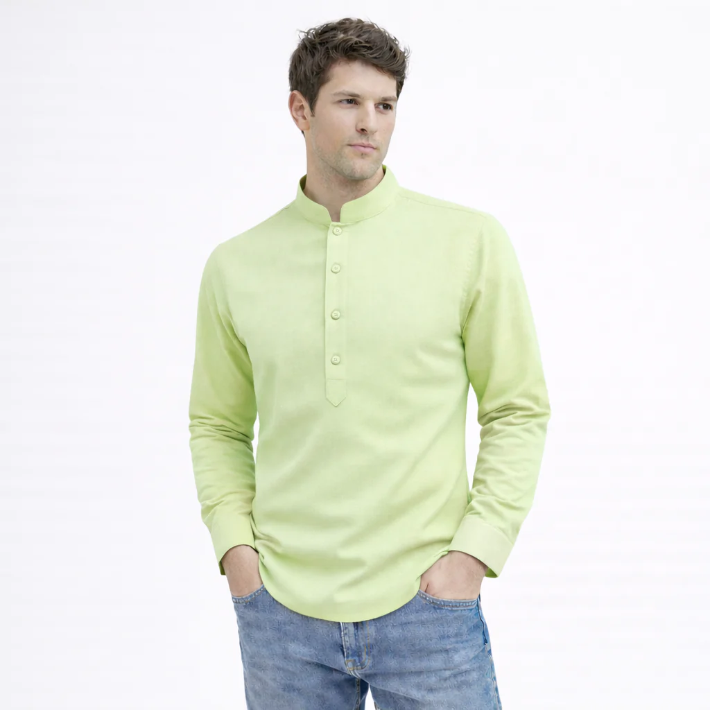 Men's Full-Sleeve Mandarin Collar Regular Fit Cotton Lenin Shirt-Light-Green - Image 3