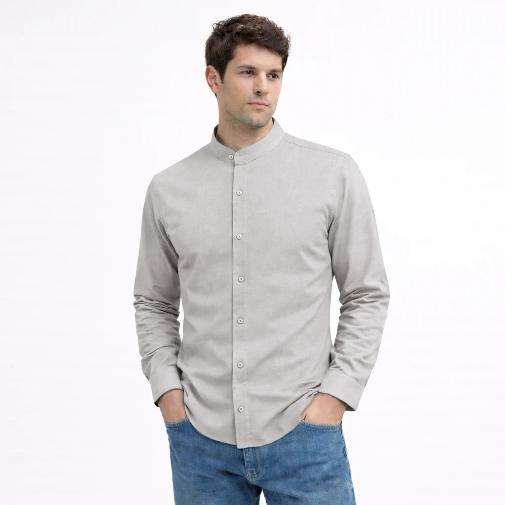 MEN’S CHINESE COLLAR SHIRT | FULL SLEEVE COTTON LINEN T-NECK SHIRT | LIGHT GREY COLOR - Image 3