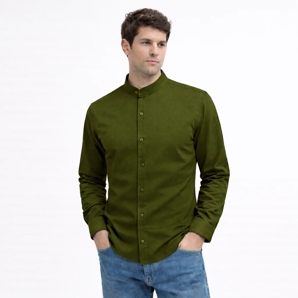 MEN’S CHINESE COLLAR SHIRT | FULL SLEEVE COTTON LINEN T-NECK SHIRT | MEHANDI GREEN COLOR - Image 3