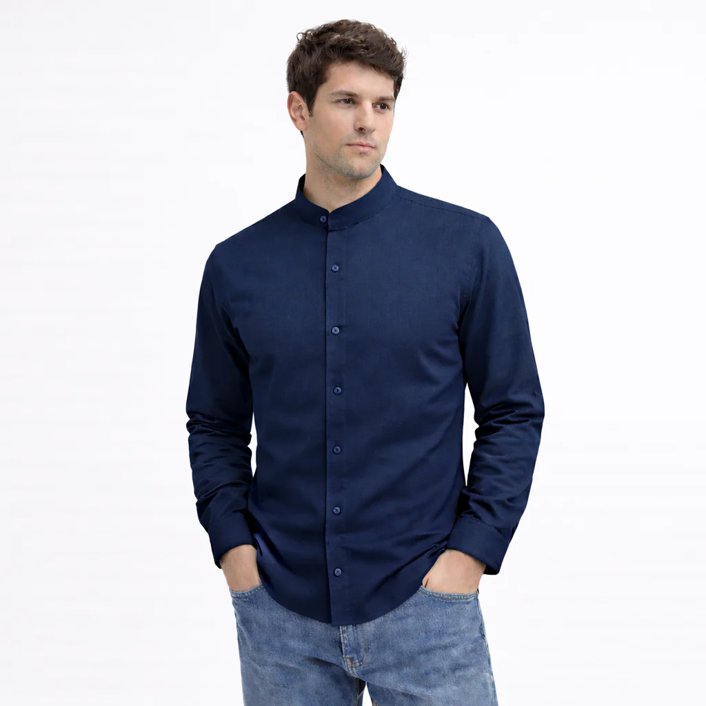 MEN’S CHINESE COLLAR SHIRT | FULL SLEEVE COTTON LINEN T-NECK SHIRT | NAVY BLUE COLOR - Image 3