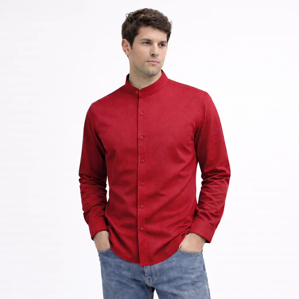 MEN’S CHINESE COLLAR SHIRT | FULL SLEEVE COTTON LINEN T-NECK SHIRT | RED COLOR - Image 3