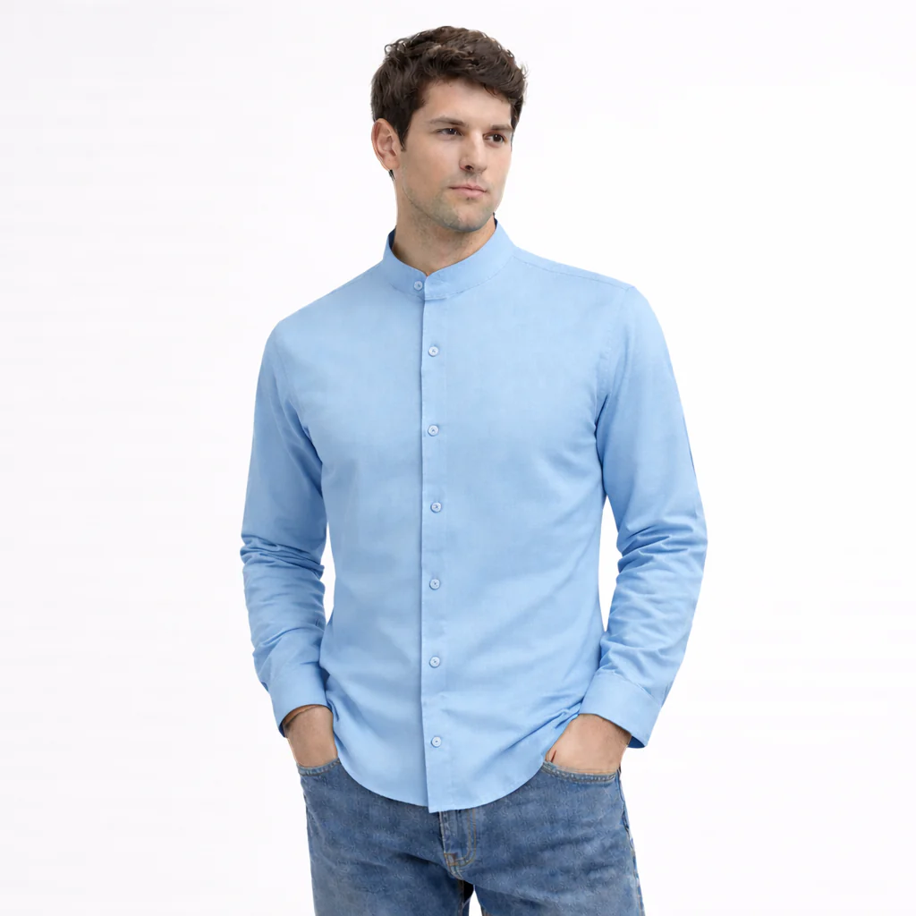 MEN’S CHINESE COLLAR SHIRT | FULL SLEEVE COTTON LINEN T-NECK SHIRT | SKY COLOR - Image 3