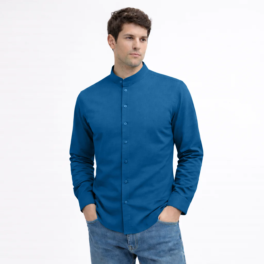 Men's Full-Sleeve Mandarin Collar Regular Fit Cotton Lenin Shirt-Teal Blue - Image 2