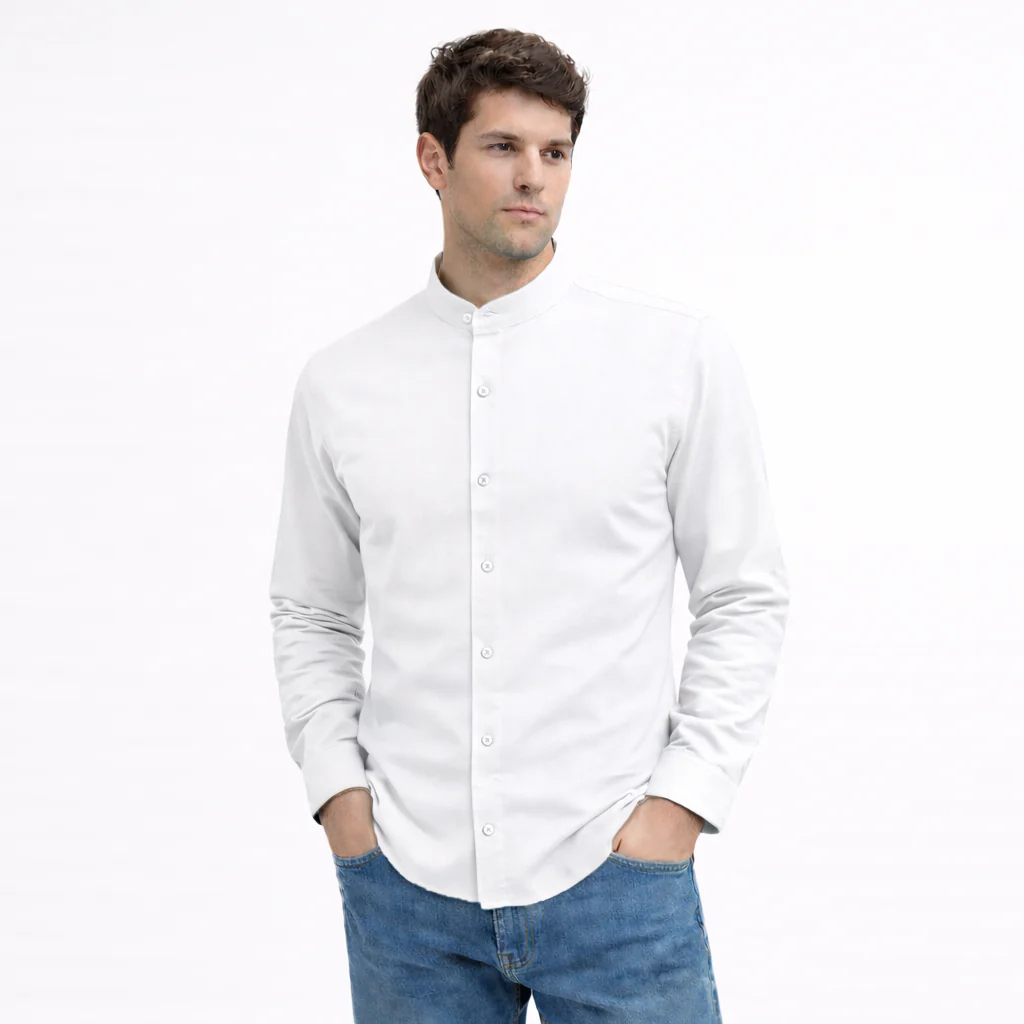 MEN’S CHINESE COLLAR SHIRT | FULL SLEEVE COTTON LINEN T-NECK SHIRT | WHITE COLOR - Image 3