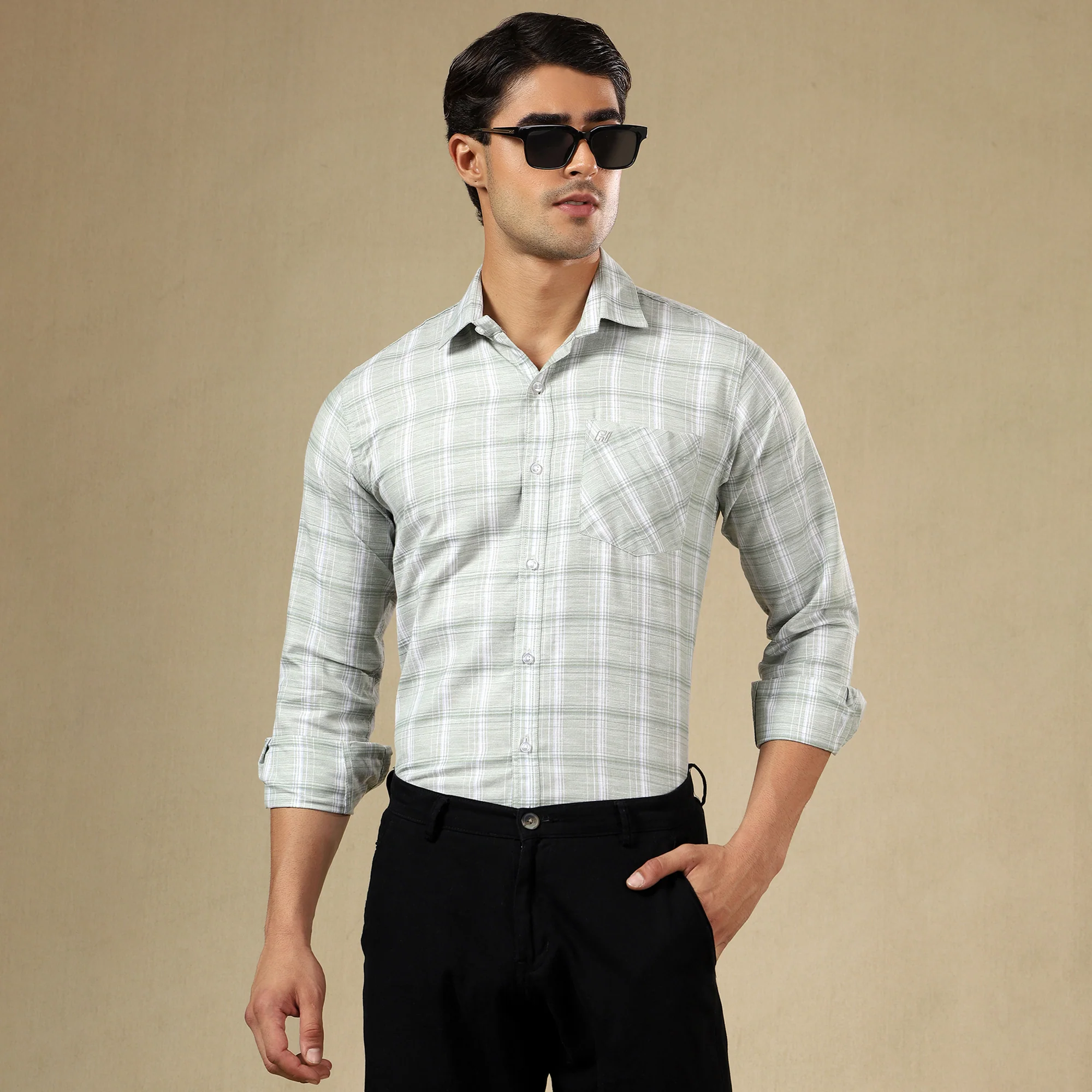 MEN'S LINEN CHECK SHIRT | SINGLE POCKET-Green - Image 6