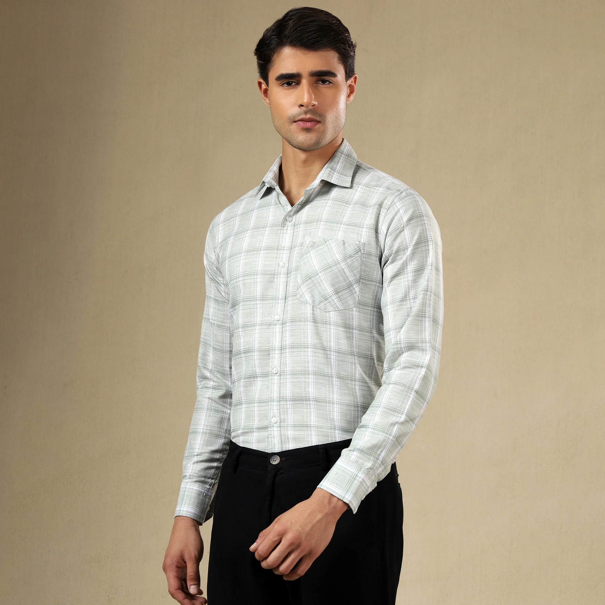 MEN'S LINEN CHECK SHIRT | SINGLE POCKET-Green - Image 7