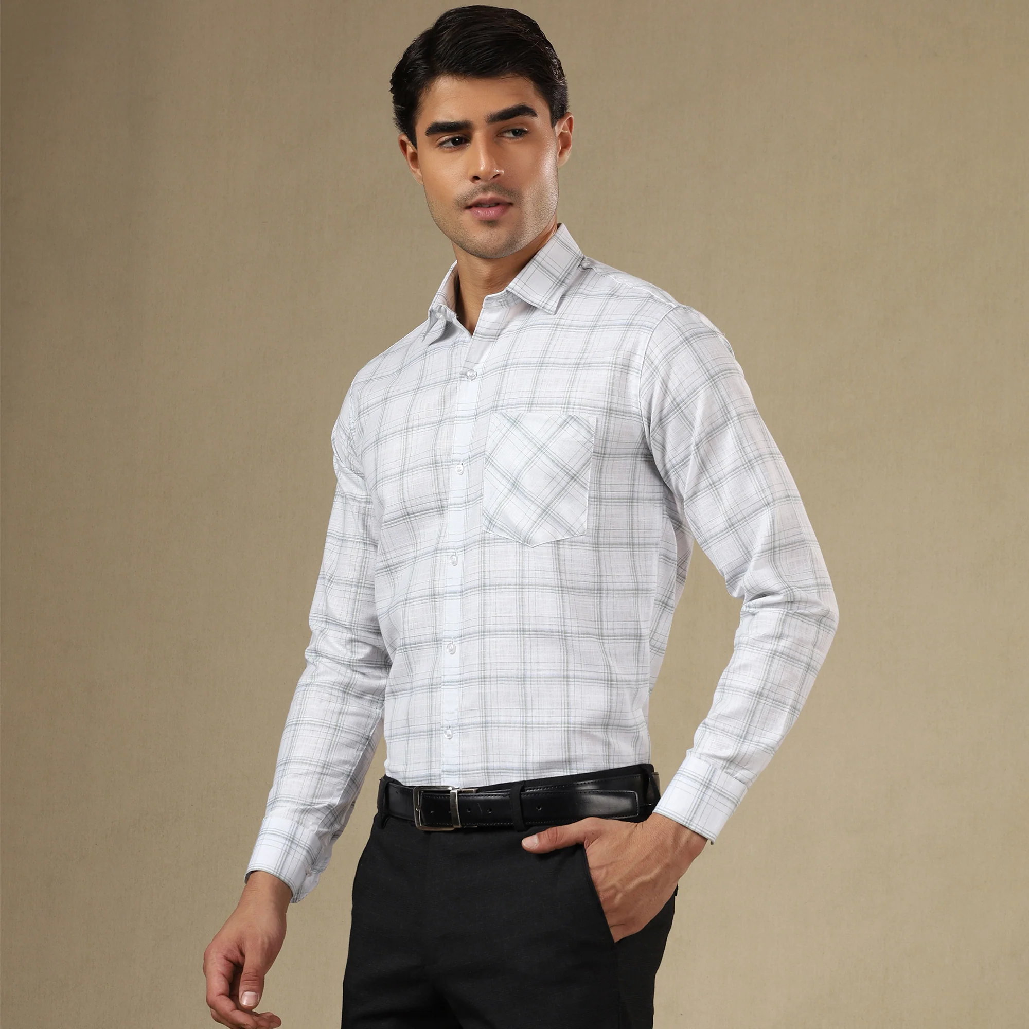 MEN'S LINEN CHECK SHIRT | SINGLE POCKET-White - Image 5