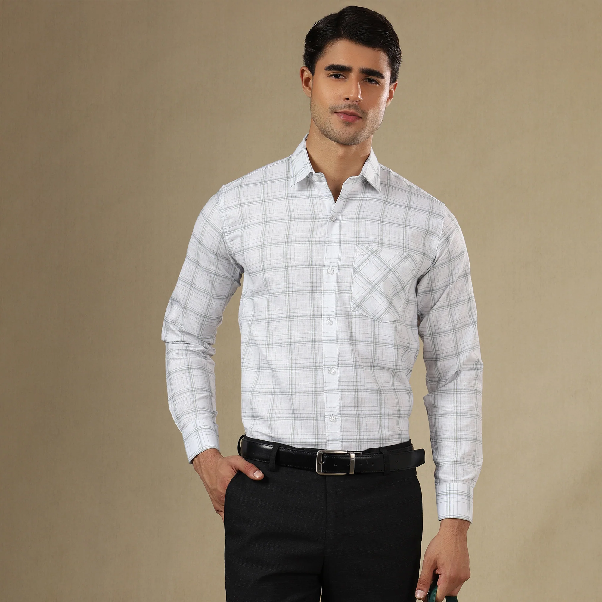 MEN'S LINEN CHECK SHIRT | SINGLE POCKET-White - Image 7