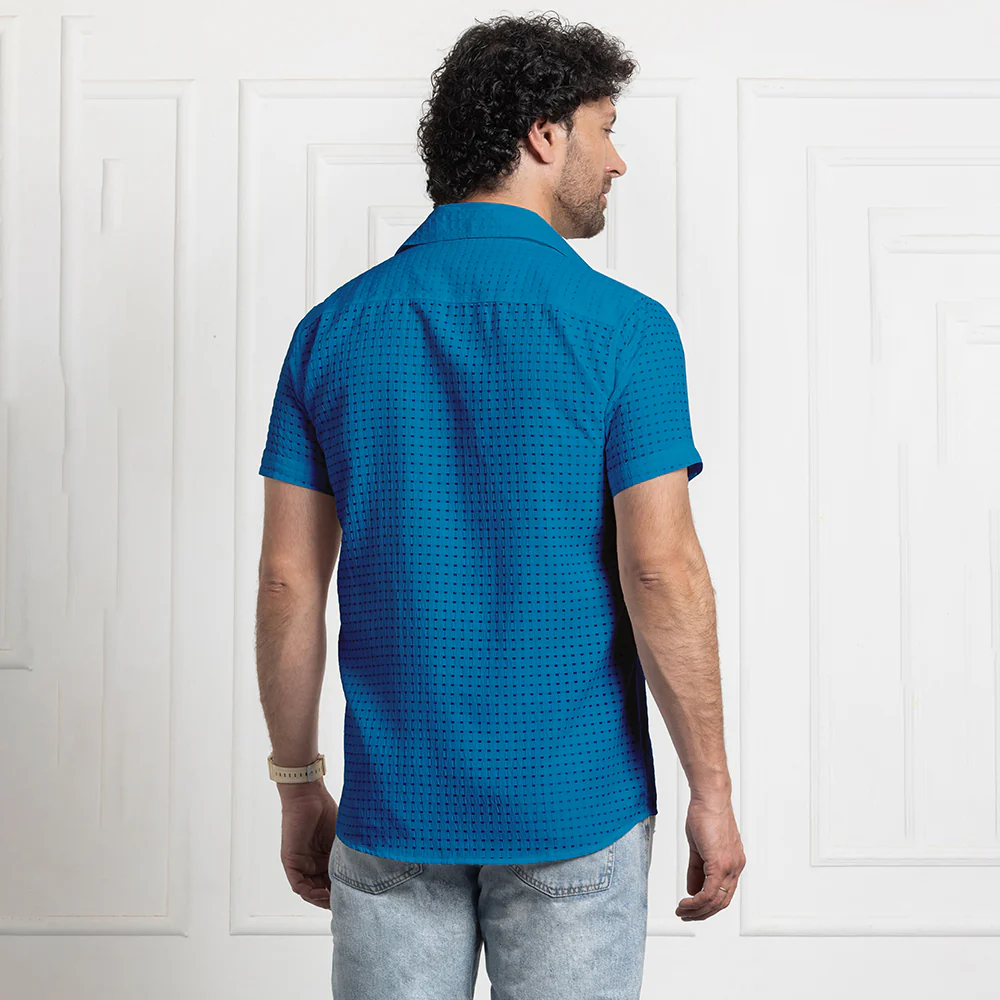 Men's Net Self Cuban Collar Casual Shirt Blue - Image 3