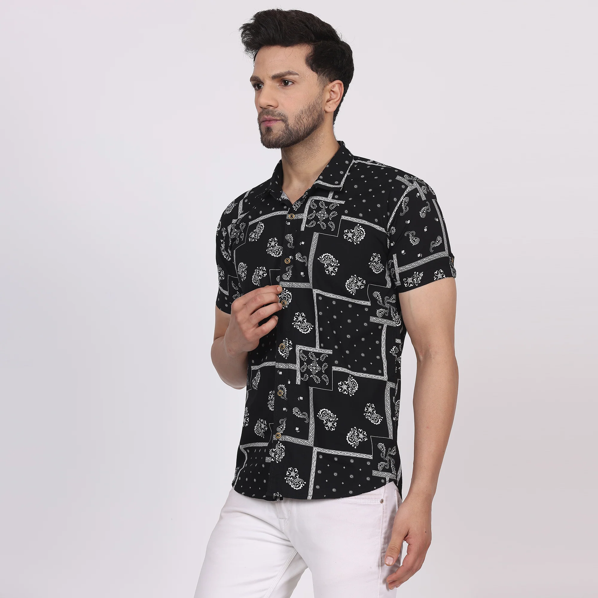 Men's Regular Fit Half Sleeve Printed Shirt-Black - Image 3