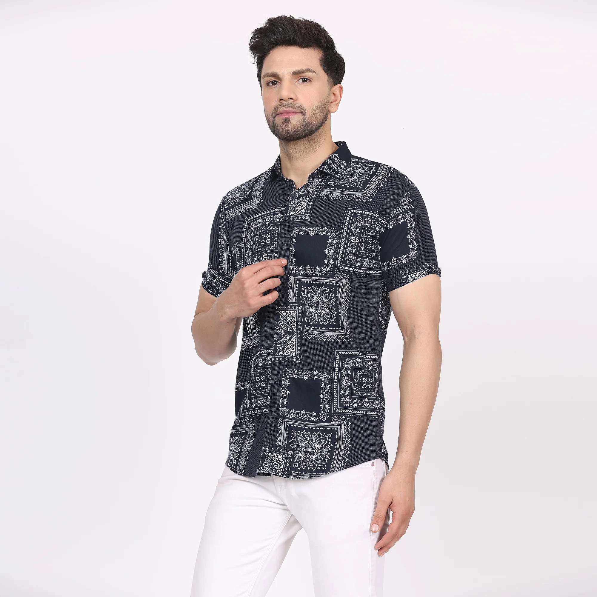 Men's Regular Fit Half Sleeve Printed Shirt-Black - Image 3