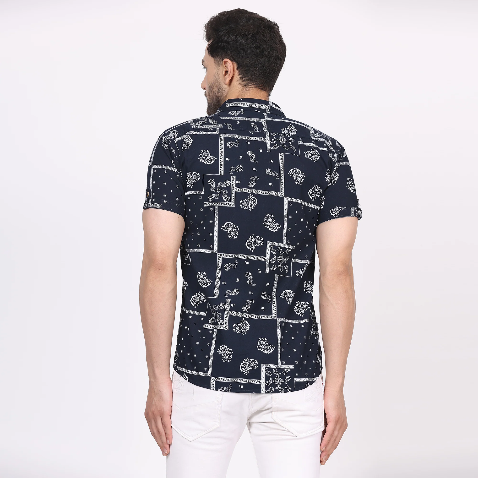 Men's Regular Fit Half Sleeve Printed Shirt-Navy Blue - Image 3