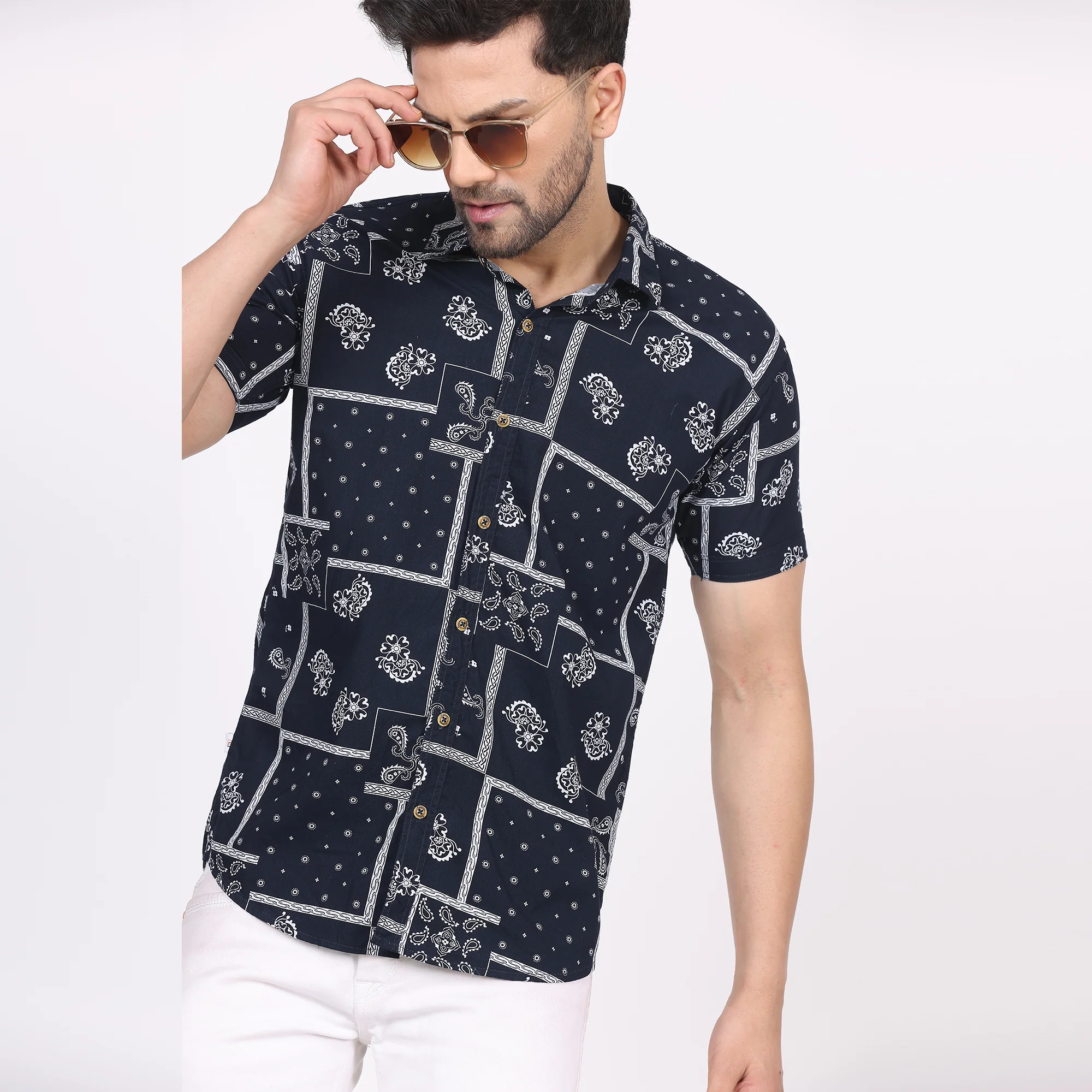 Men's Regular Fit Half Sleeve Printed Shirt-Navy Blue - Image 4
