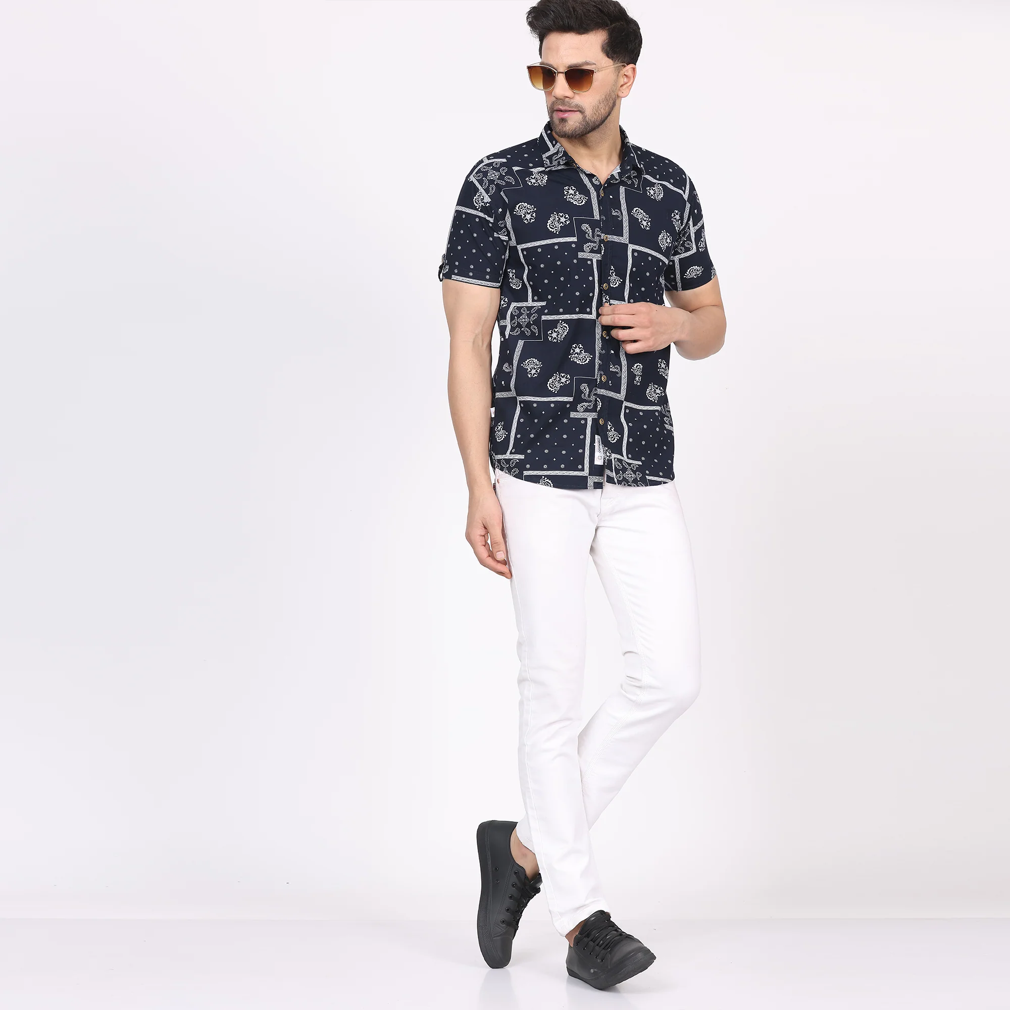 Men's Regular Fit Half Sleeve Printed Shirt-Navy Blue - Image 5