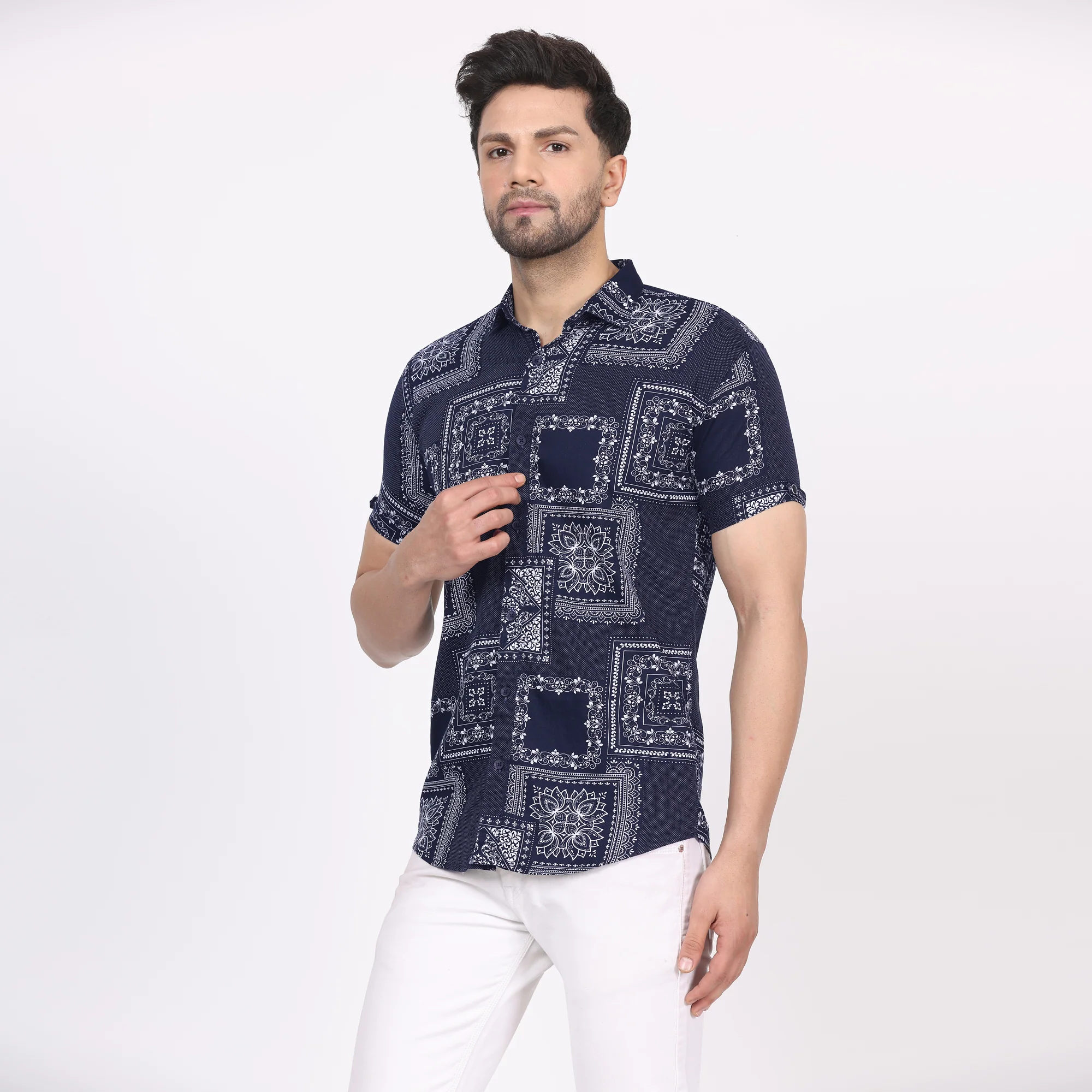 Men's Regular Fit Half Sleeve Printed Shirt-Navy Blue - Image 3