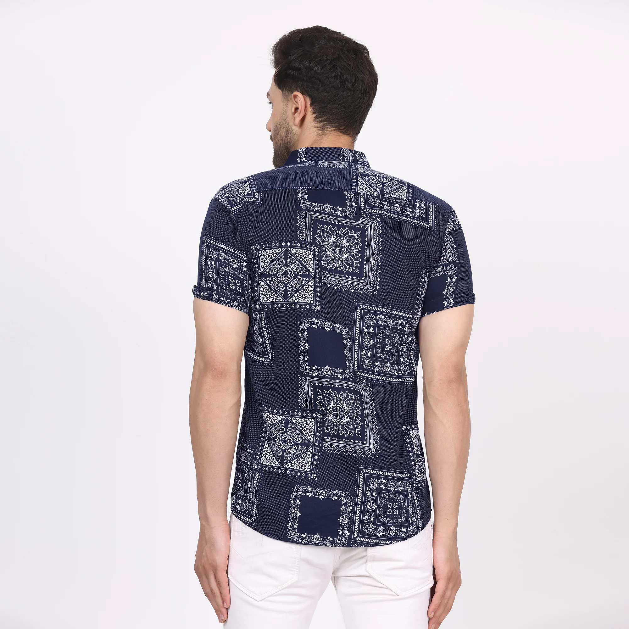 Men's Regular Fit Half Sleeve Printed Shirt-Navy Blue - Image 4
