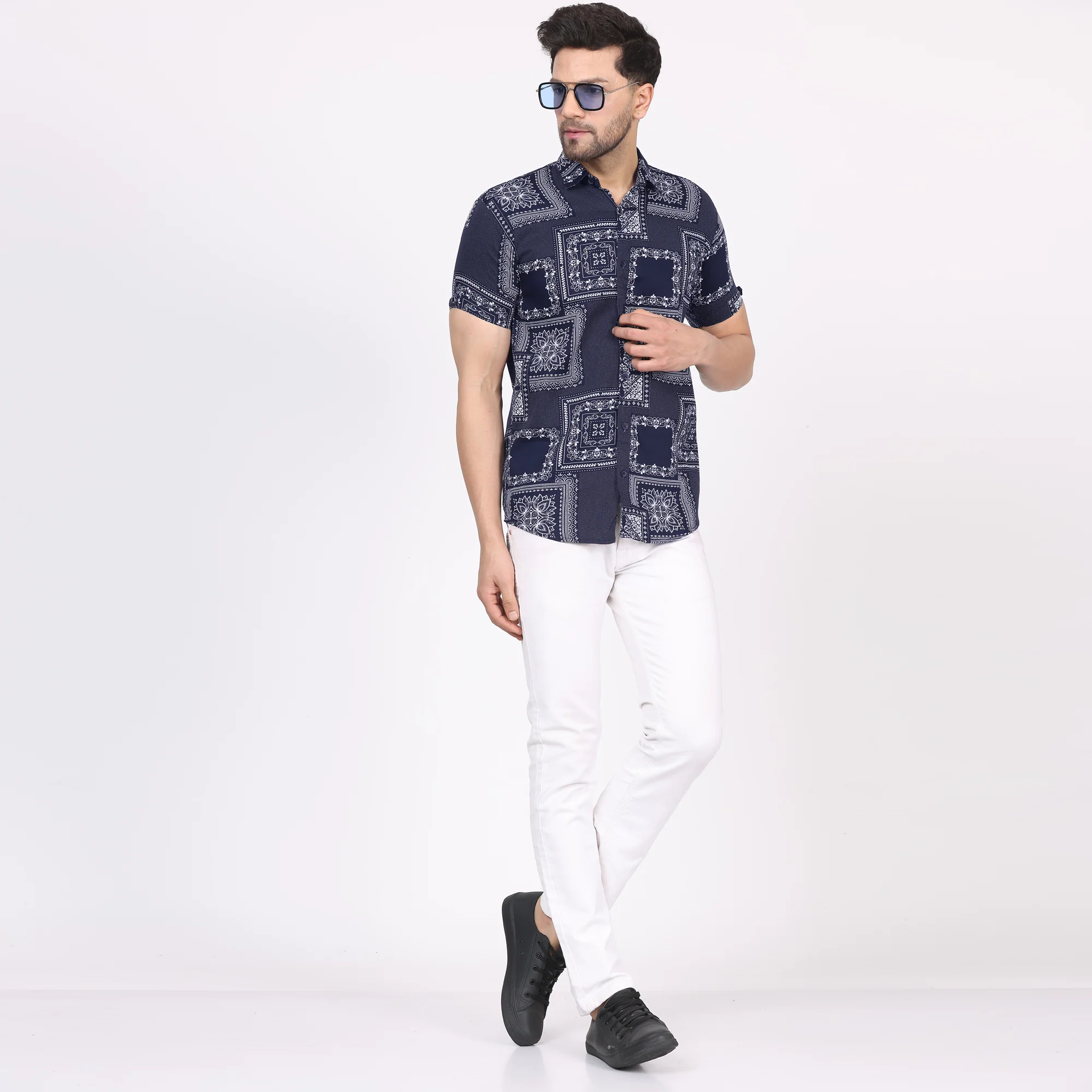 Men's Regular Fit Half Sleeve Printed Shirt-Navy Blue - Image 5