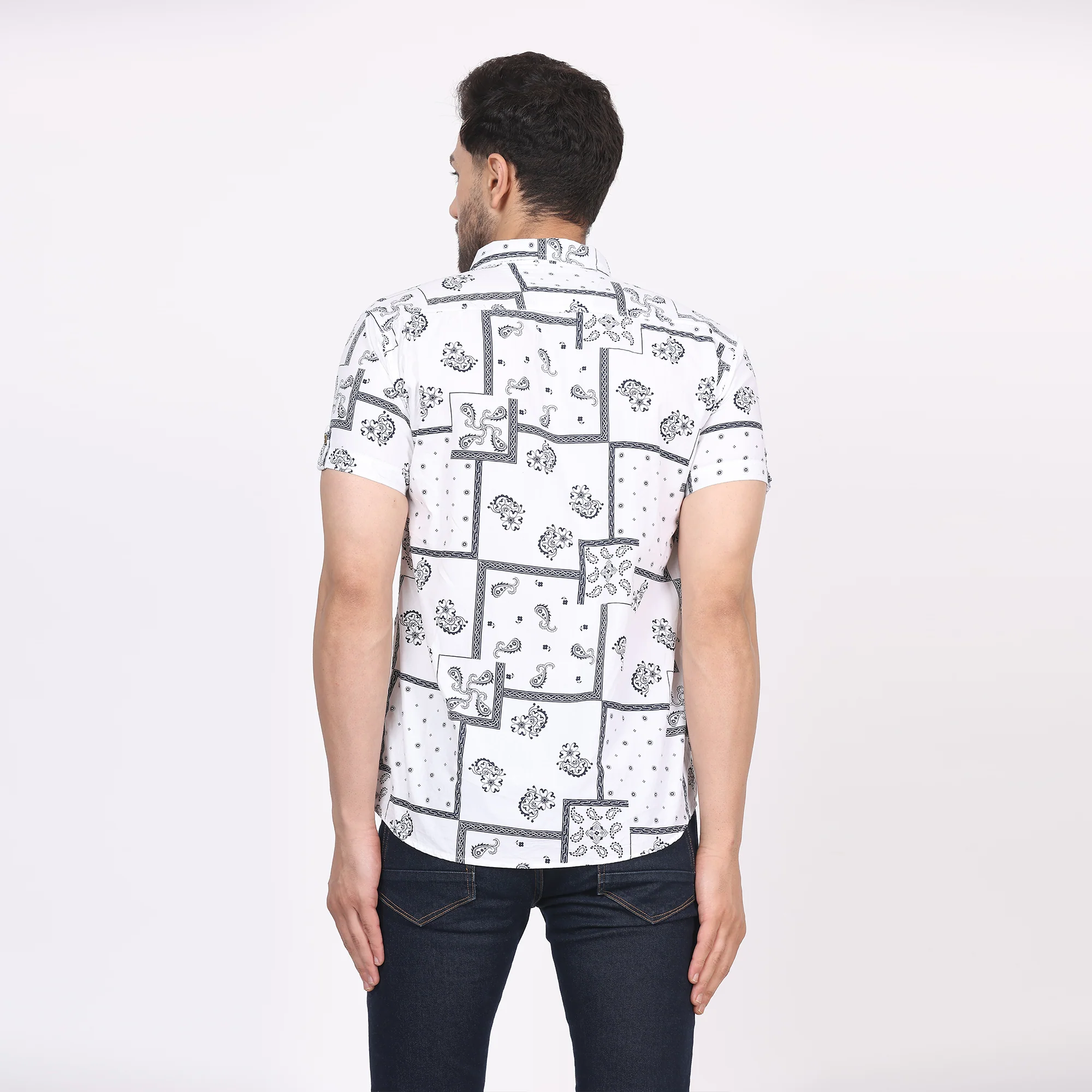 Men's Regular Fit Half Sleeve Printed Shirt-White - Image 4