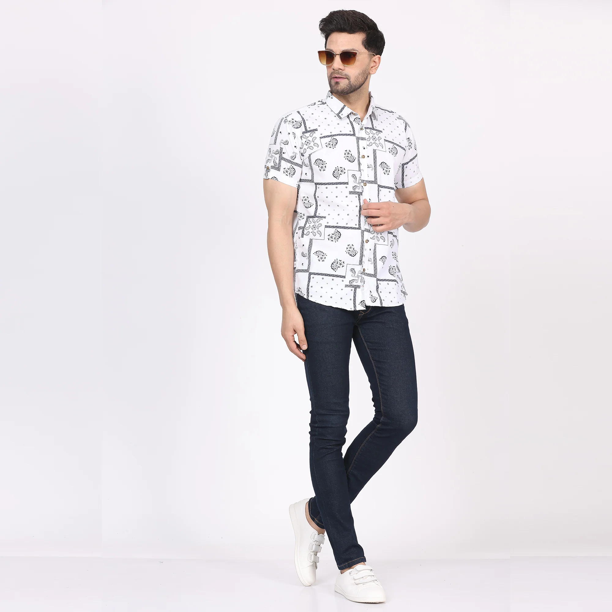 Men's Regular Fit Half Sleeve Printed Shirt-White - Image 5