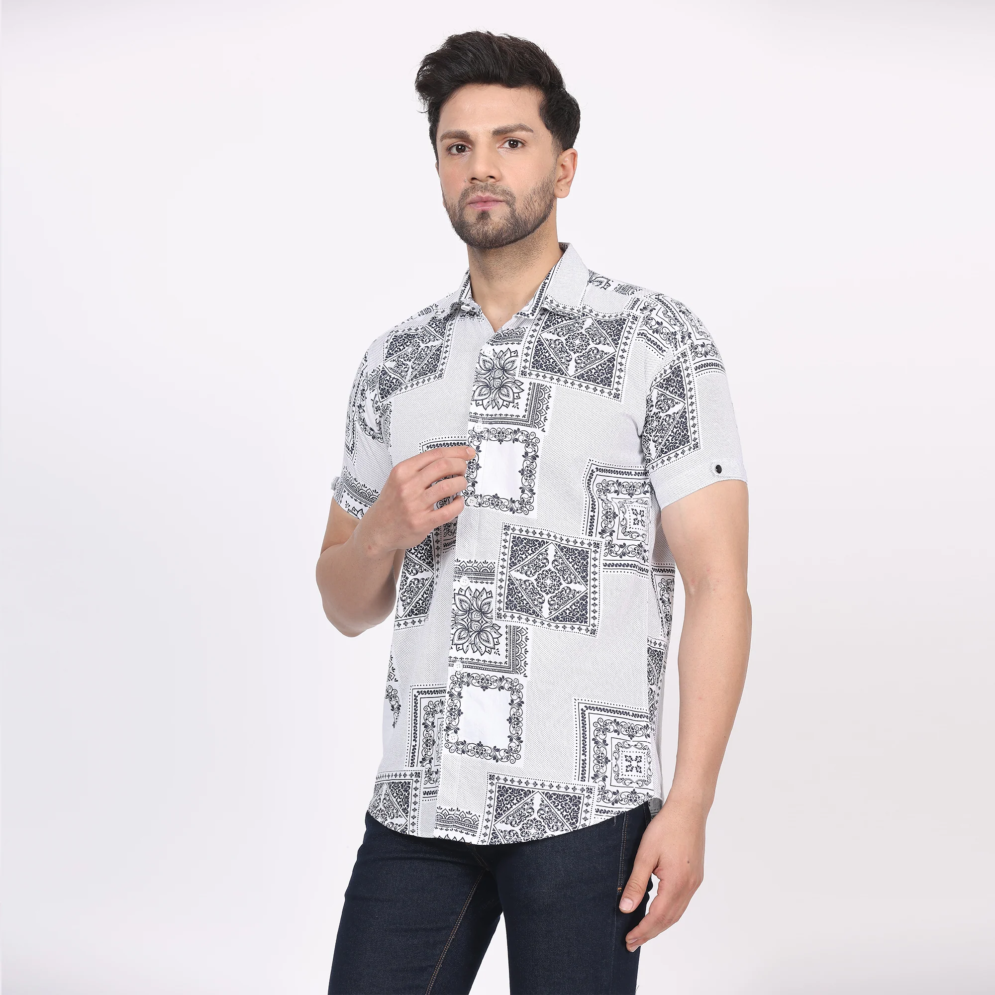 Men's Regular Fit Half Sleeve Printed Shirt-White - Image 3