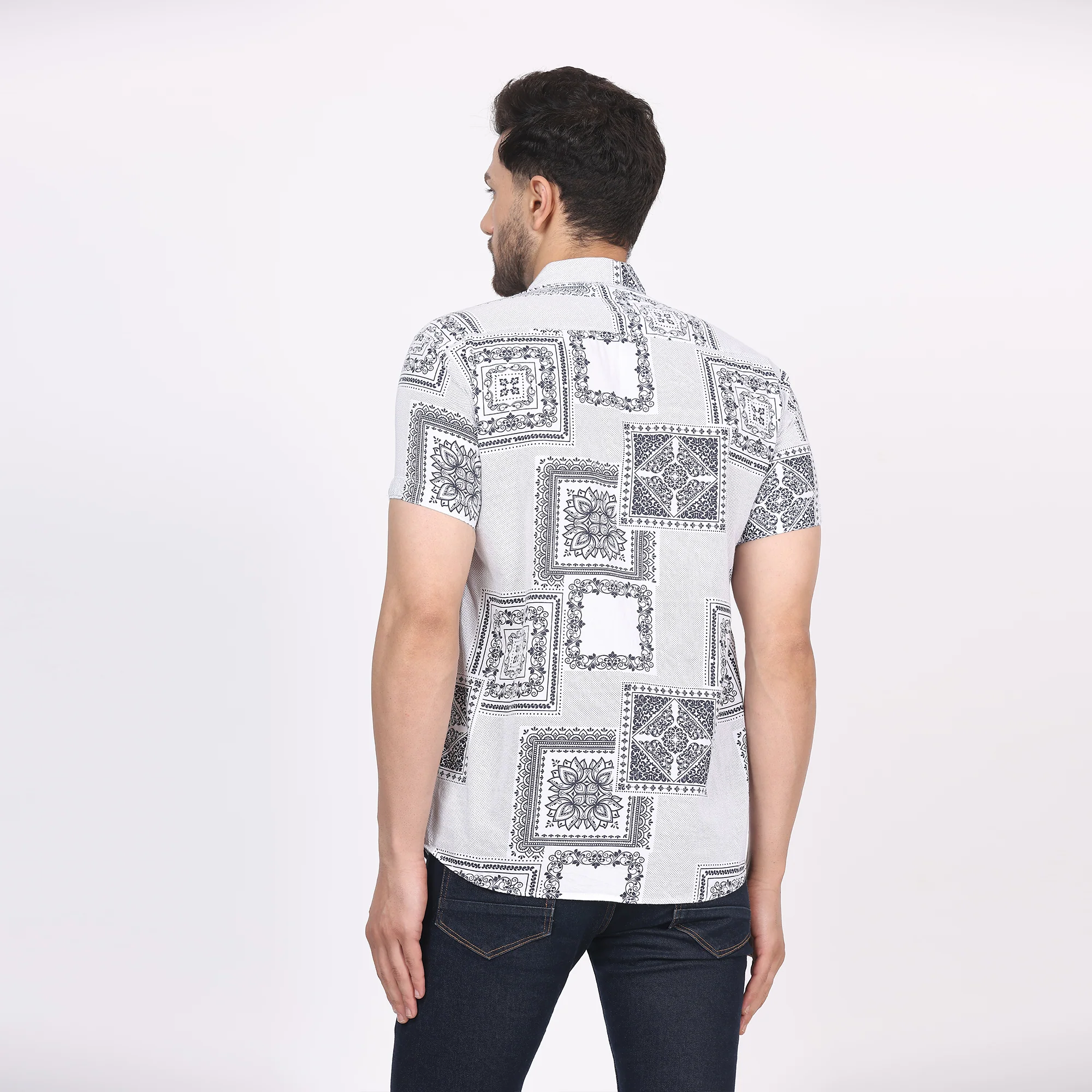 Men's Regular Fit Half Sleeve Printed Shirt-White - Image 4