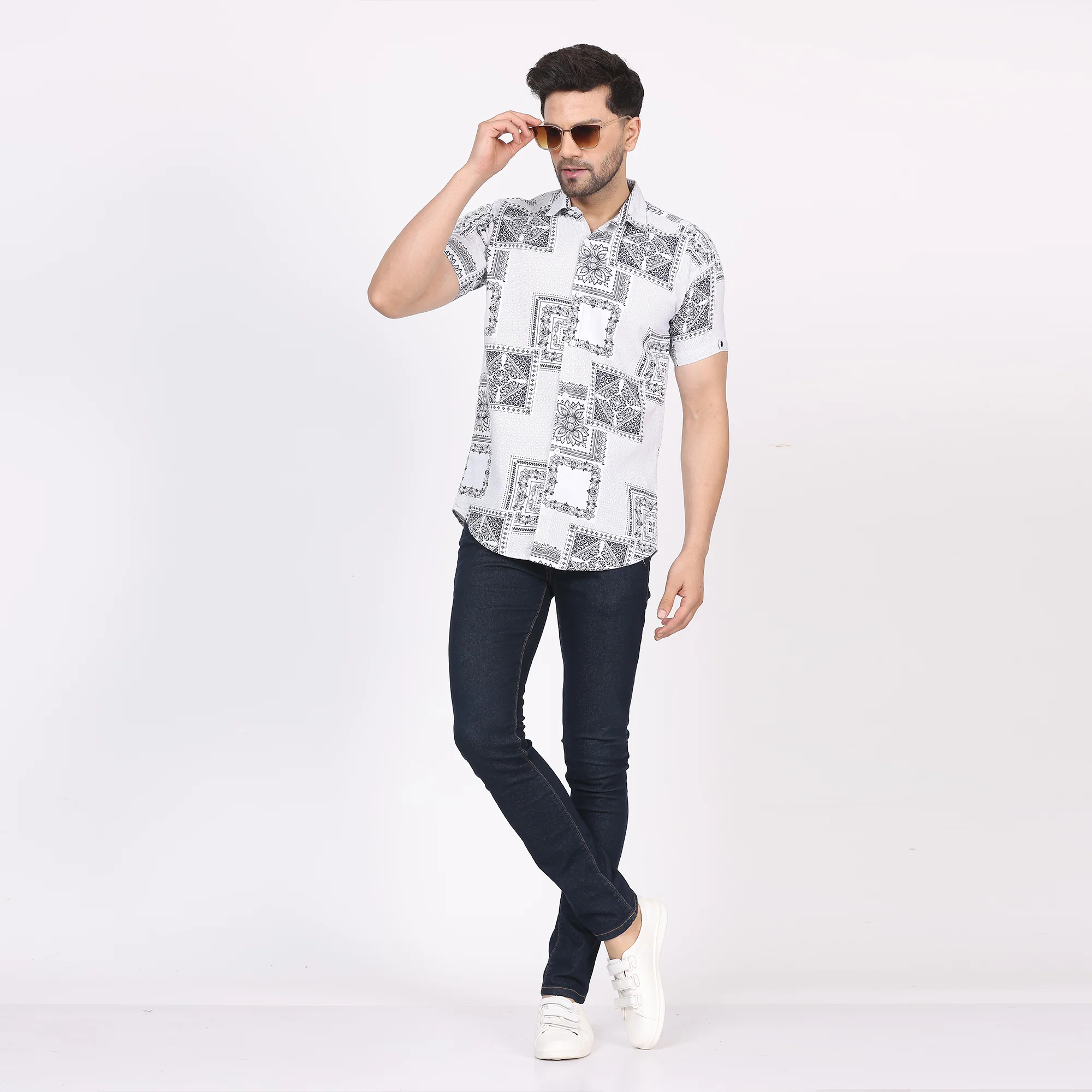Men's Regular Fit Half Sleeve Printed Shirt-White - Image 5