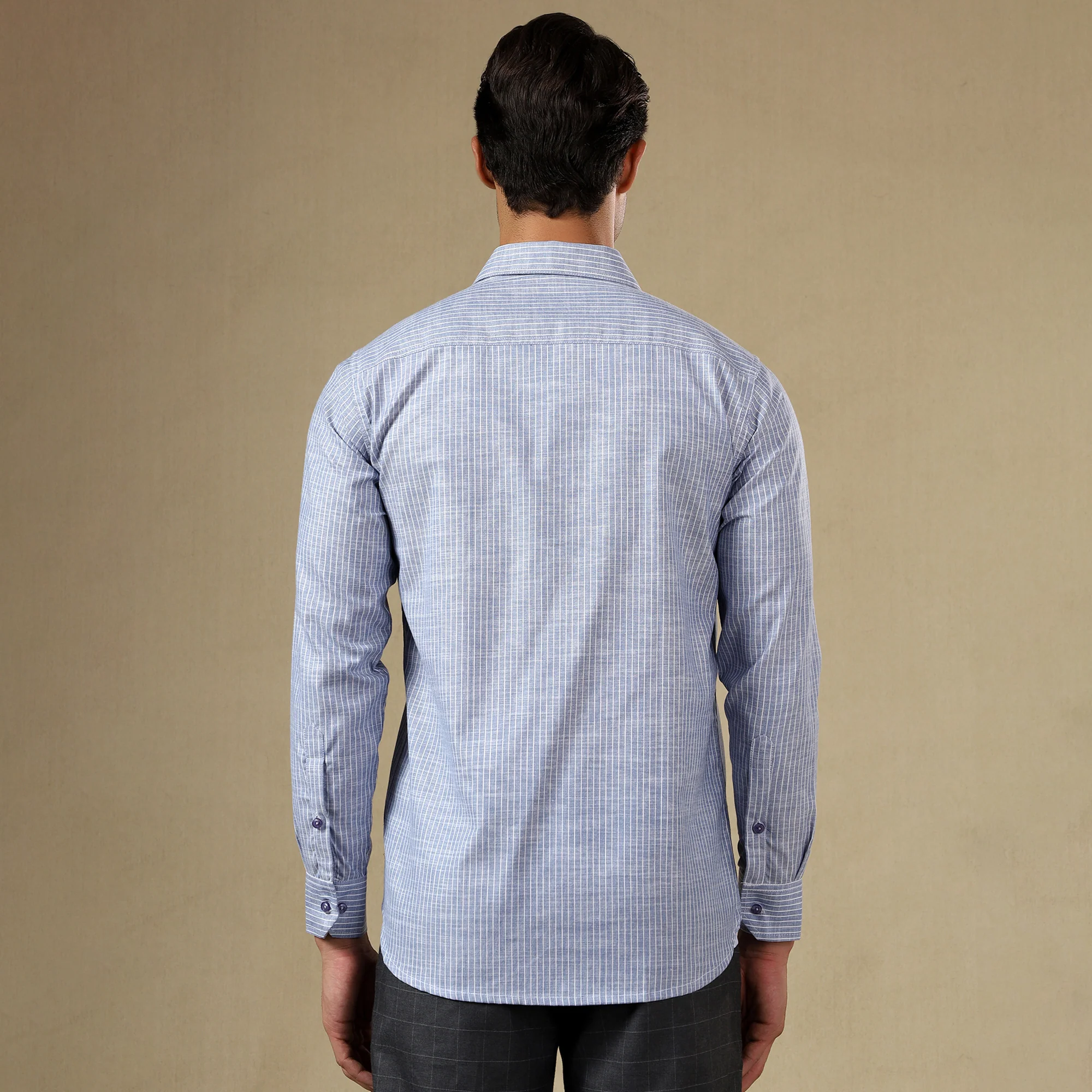 STRIPED LINEN SHIRT | SINGLE POCKET STRIPE SHIRT FOR MEN-Blue - Image 3