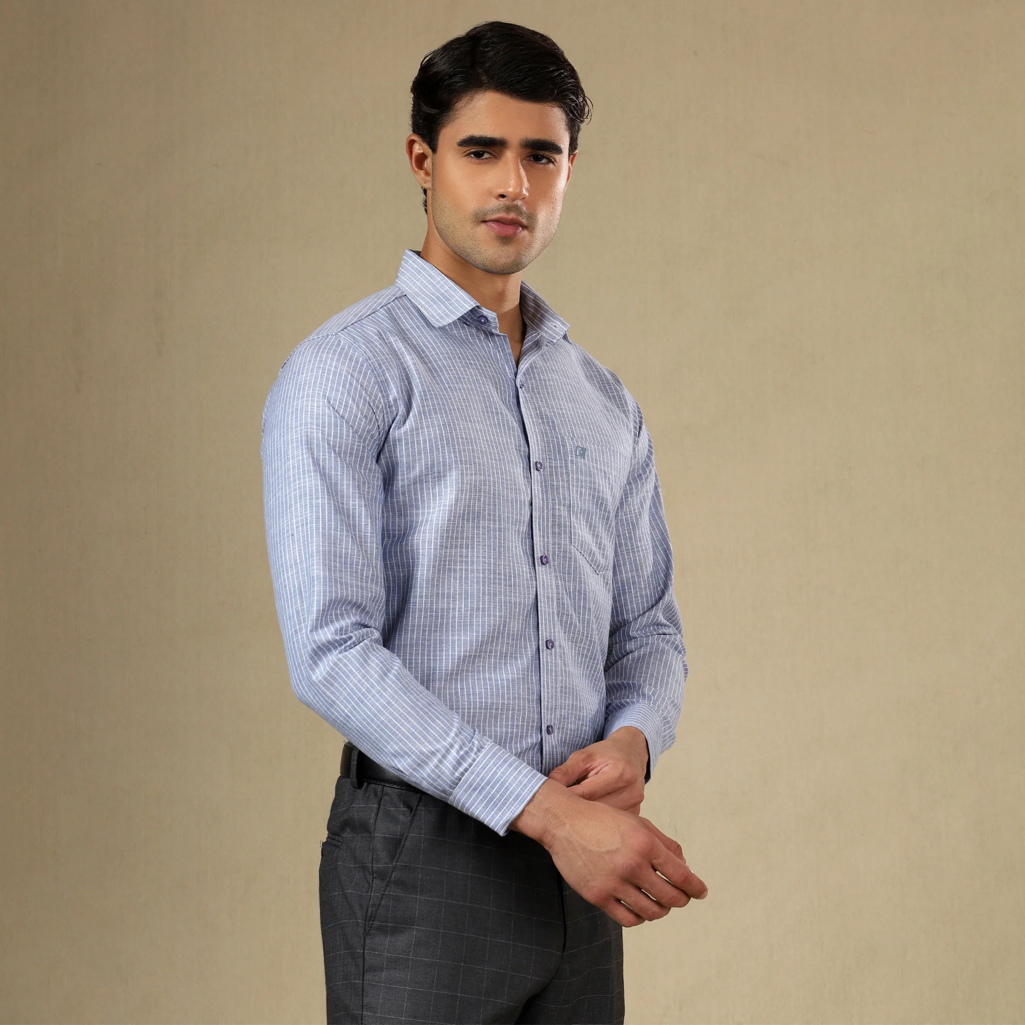 STRIPED LINEN SHIRT | SINGLE POCKET STRIPE SHIRT FOR MEN-Blue - Image 6