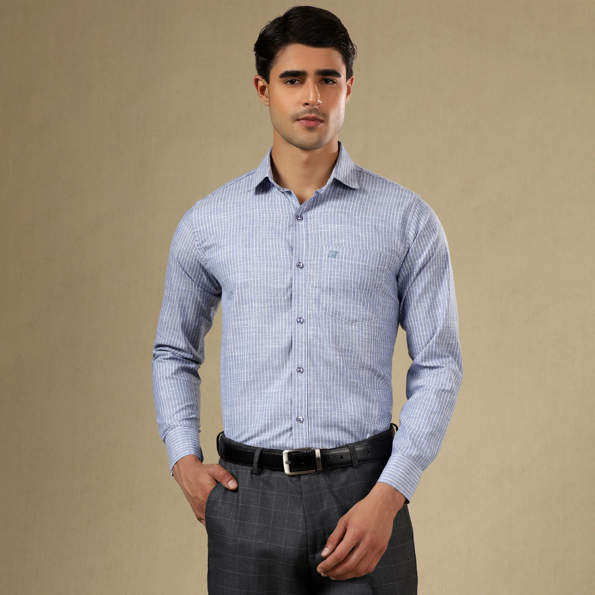 STRIPED LINEN SHIRT | SINGLE POCKET STRIPE SHIRT FOR MEN-Blue - Image 7