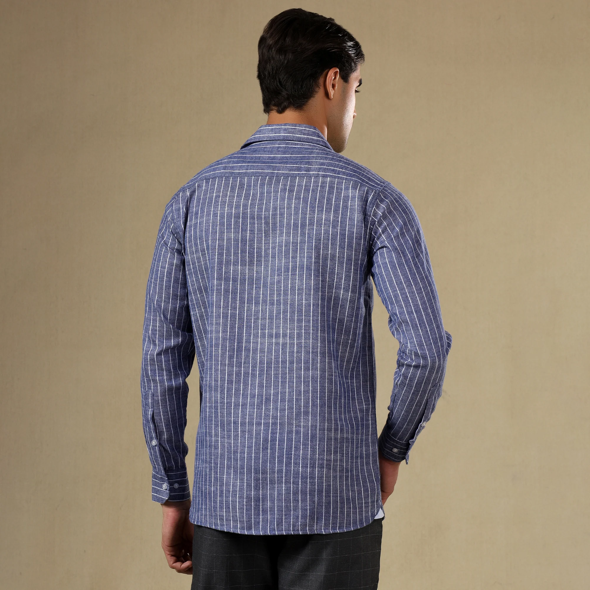 STRIPED LINEN SHIRT | SINGLE POCKET STRIPE SHIRT FOR MEN-Blue - Image 3