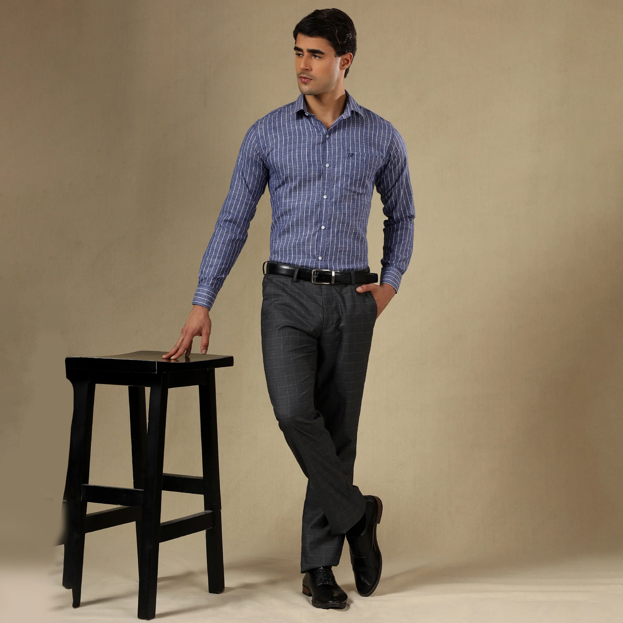 STRIPED LINEN SHIRT | SINGLE POCKET STRIPE SHIRT FOR MEN-Blue - Image 4