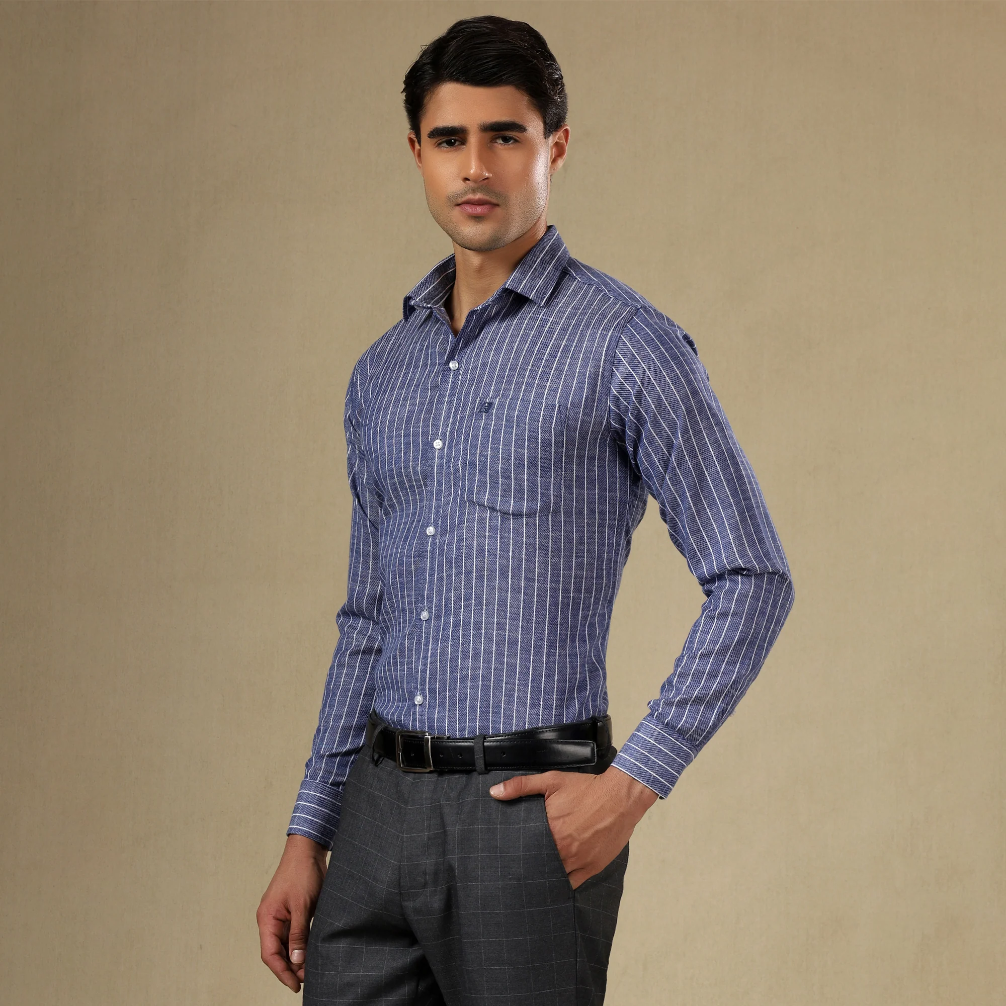 STRIPED LINEN SHIRT | SINGLE POCKET STRIPE SHIRT FOR MEN-Blue - Image 6