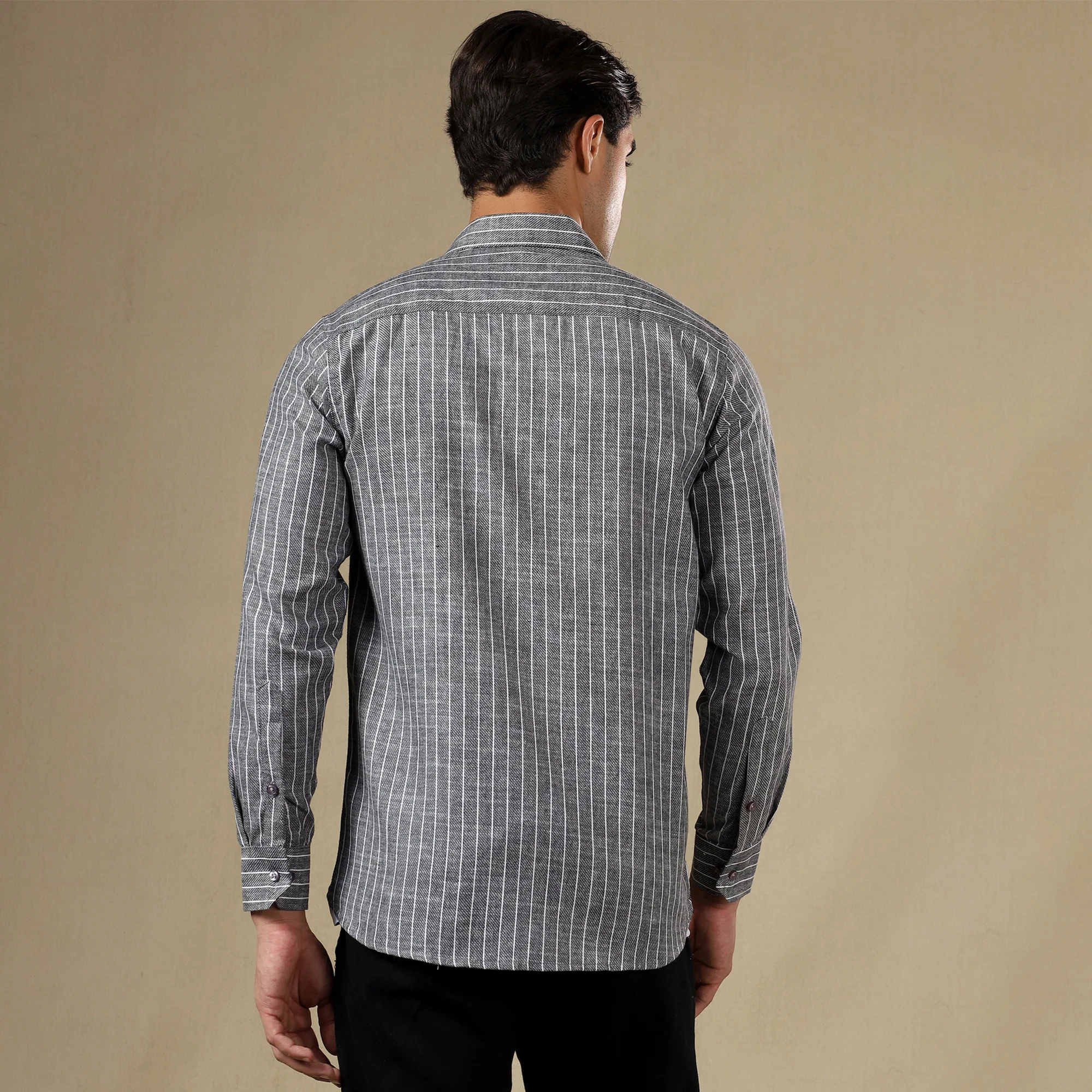 STRIPED LINEN SHIRT | SINGLE POCKET STRIPE SHIRT FOR MEN-Grey - Image 3