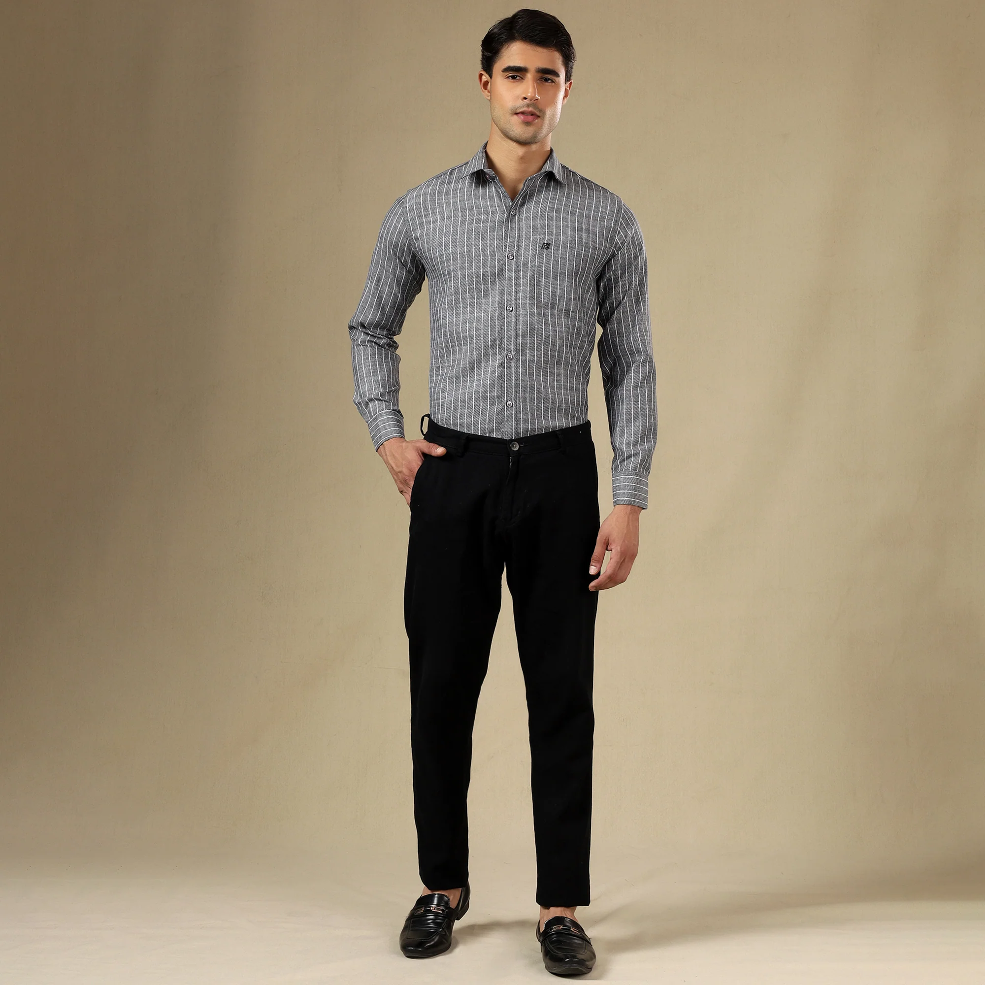 STRIPED LINEN SHIRT | SINGLE POCKET STRIPE SHIRT FOR MEN-Grey - Image 4