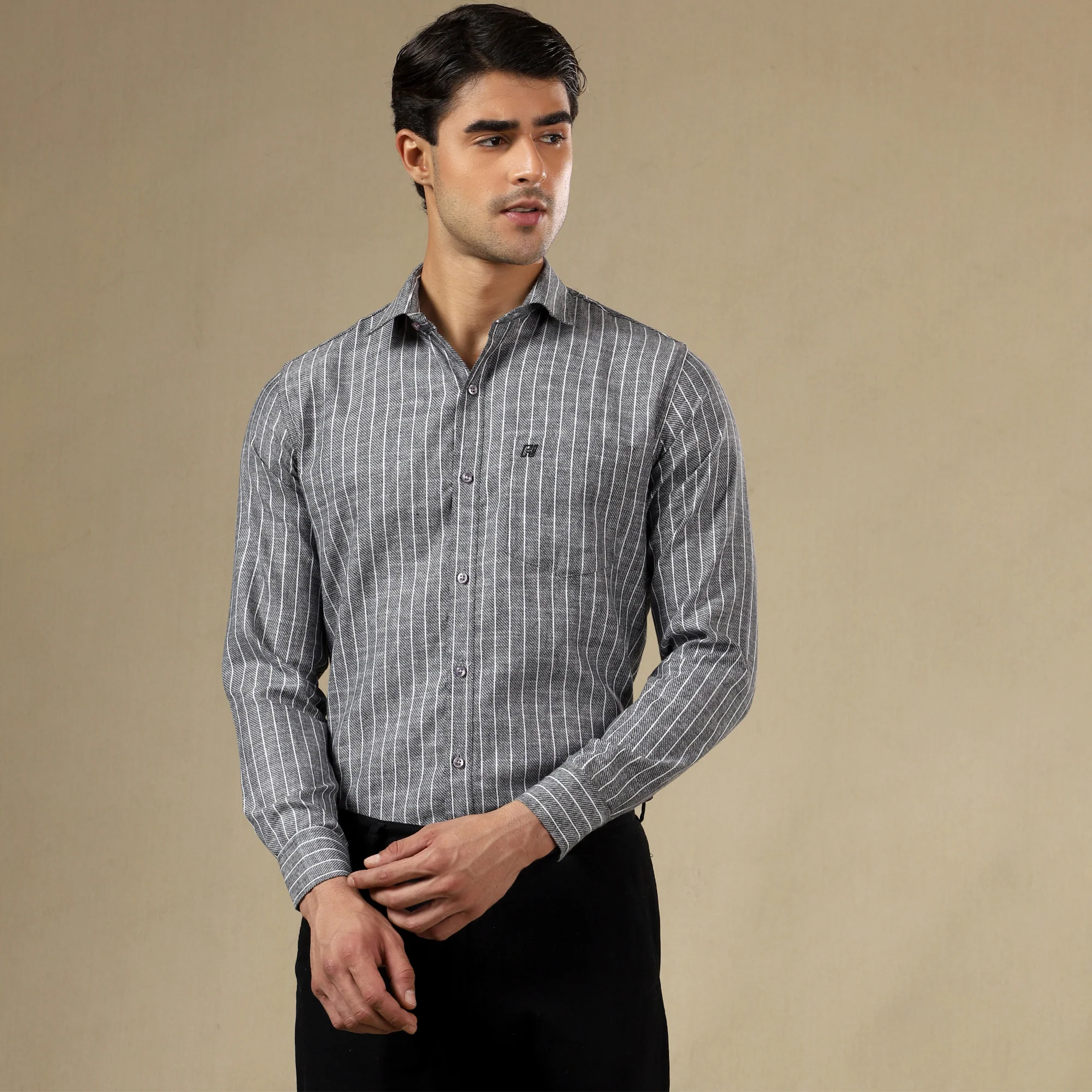 STRIPED LINEN SHIRT | SINGLE POCKET STRIPE SHIRT FOR MEN-Grey - Image 6