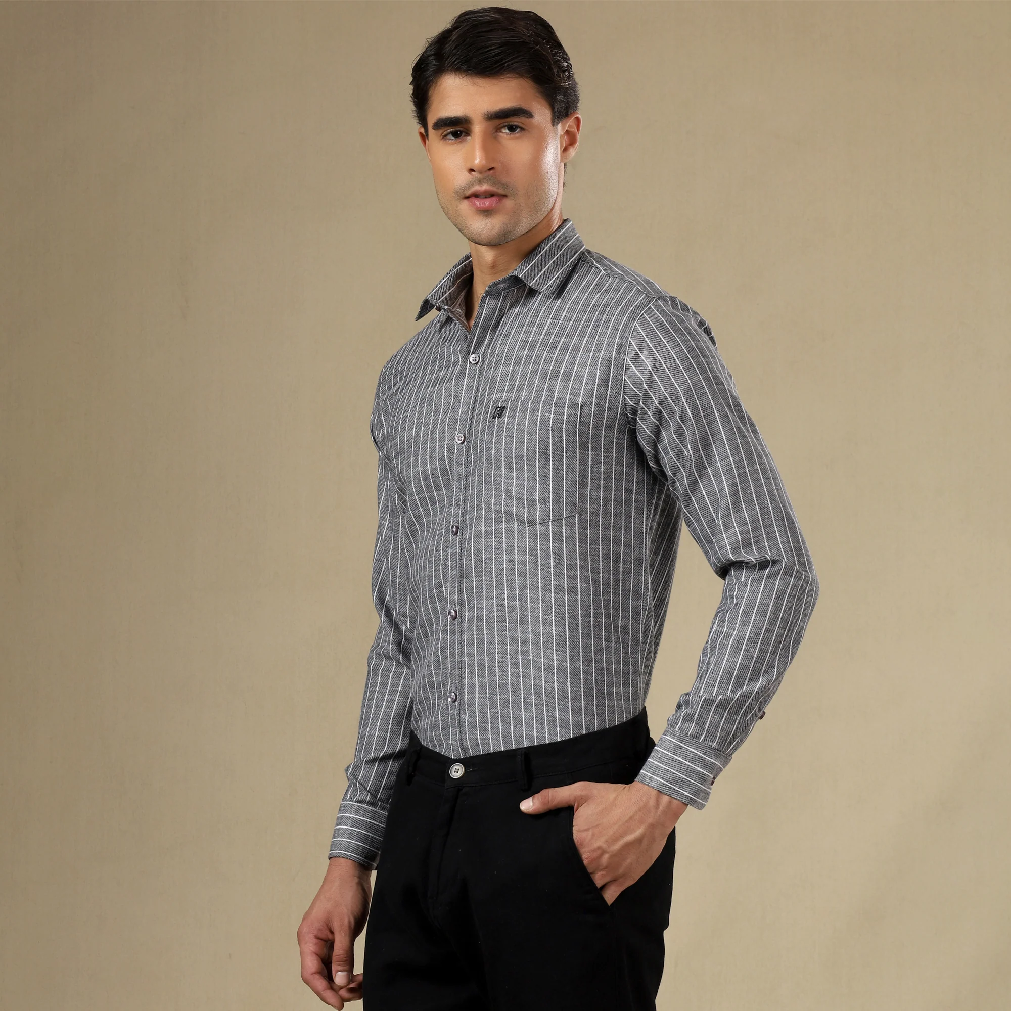 STRIPED LINEN SHIRT | SINGLE POCKET STRIPE SHIRT FOR MEN-Grey - Image 7