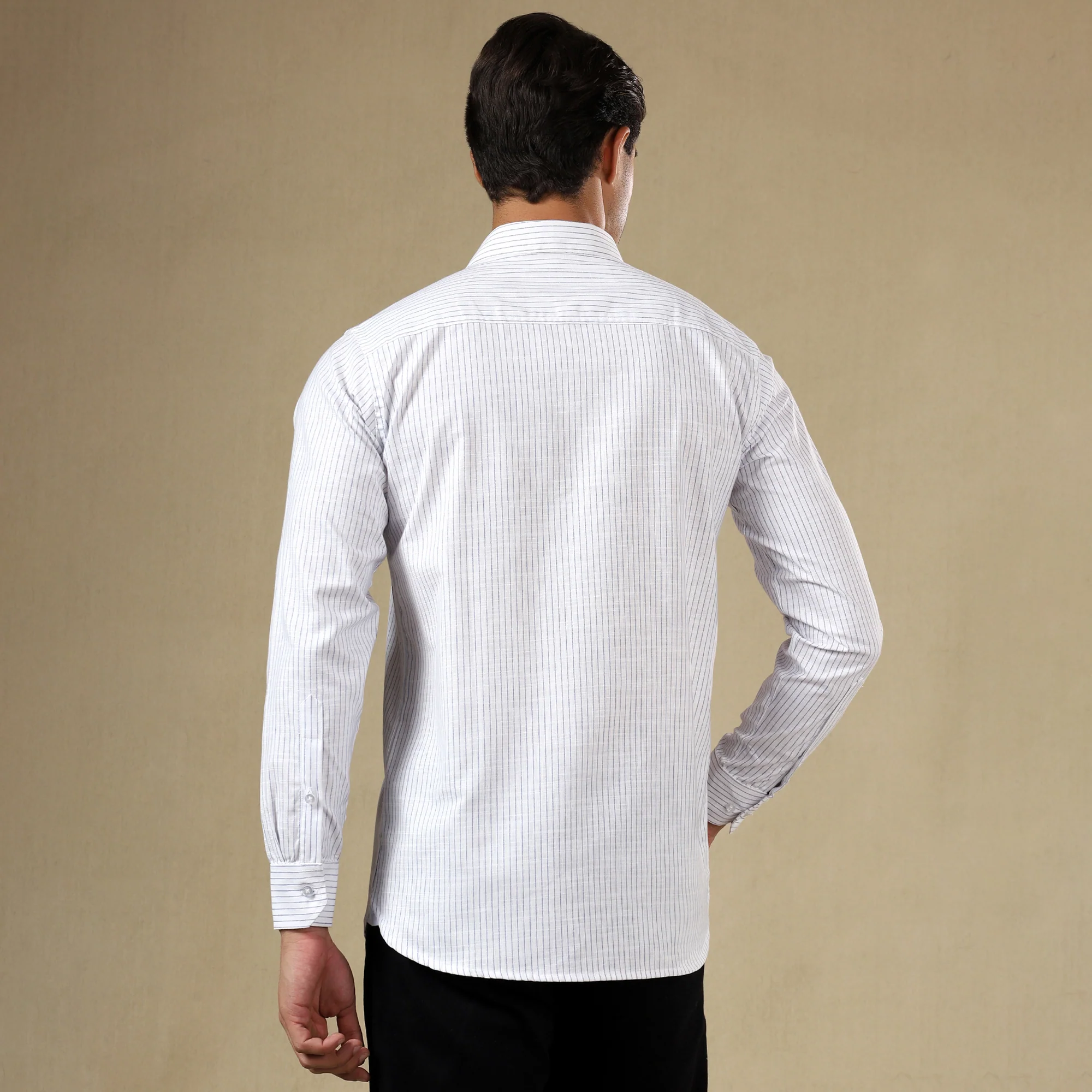 STRIPED LINEN SHIRT | SINGLE POCKET STRIPE SHIRT FOR MEN-White - Image 3