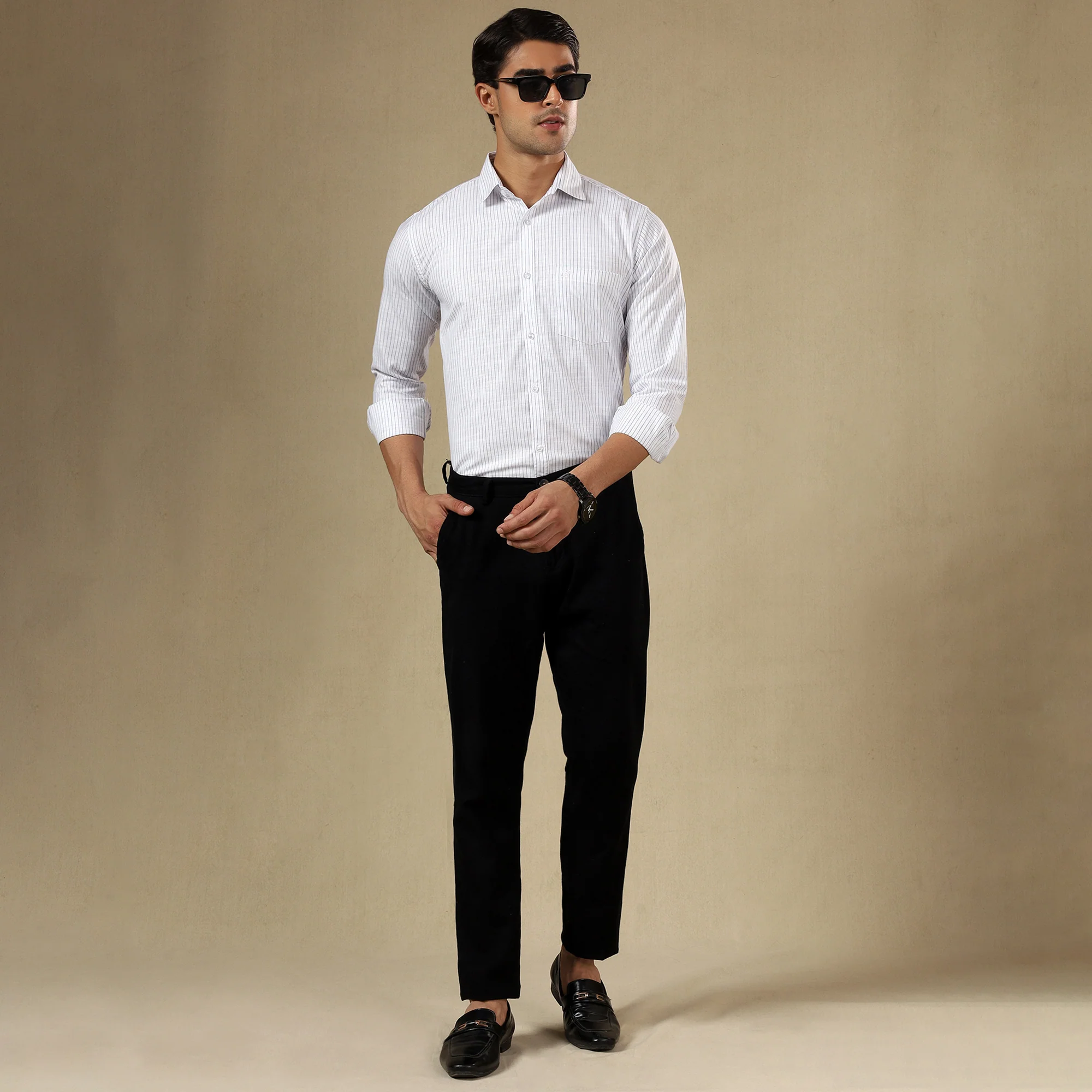 STRIPED LINEN SHIRT | SINGLE POCKET STRIPE SHIRT FOR MEN-White - Image 4
