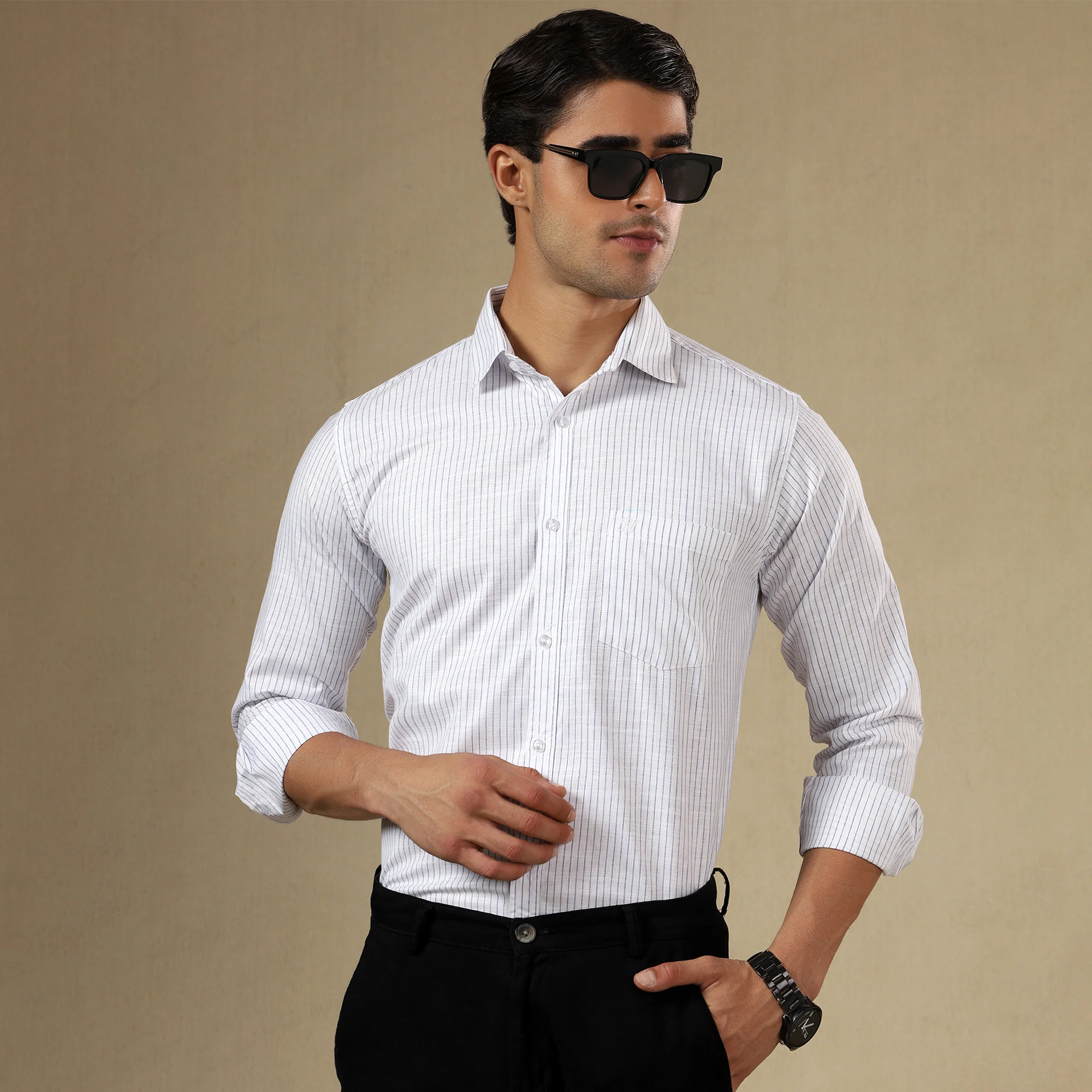 STRIPED LINEN SHIRT | SINGLE POCKET STRIPE SHIRT FOR MEN-White - Image 5