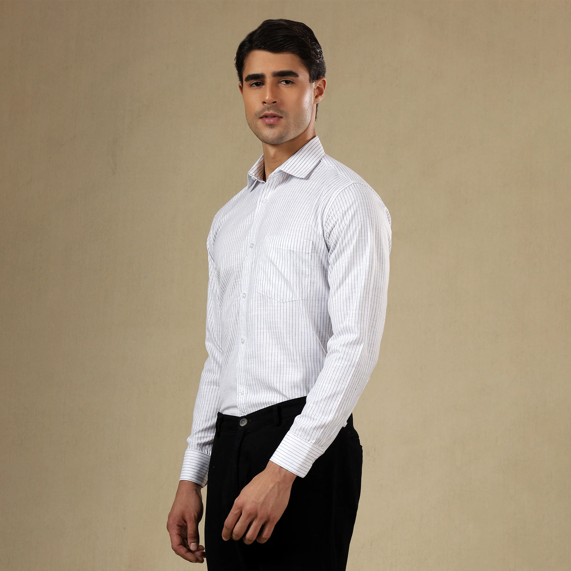STRIPED LINEN SHIRT | SINGLE POCKET STRIPE SHIRT FOR MEN-White - Image 6