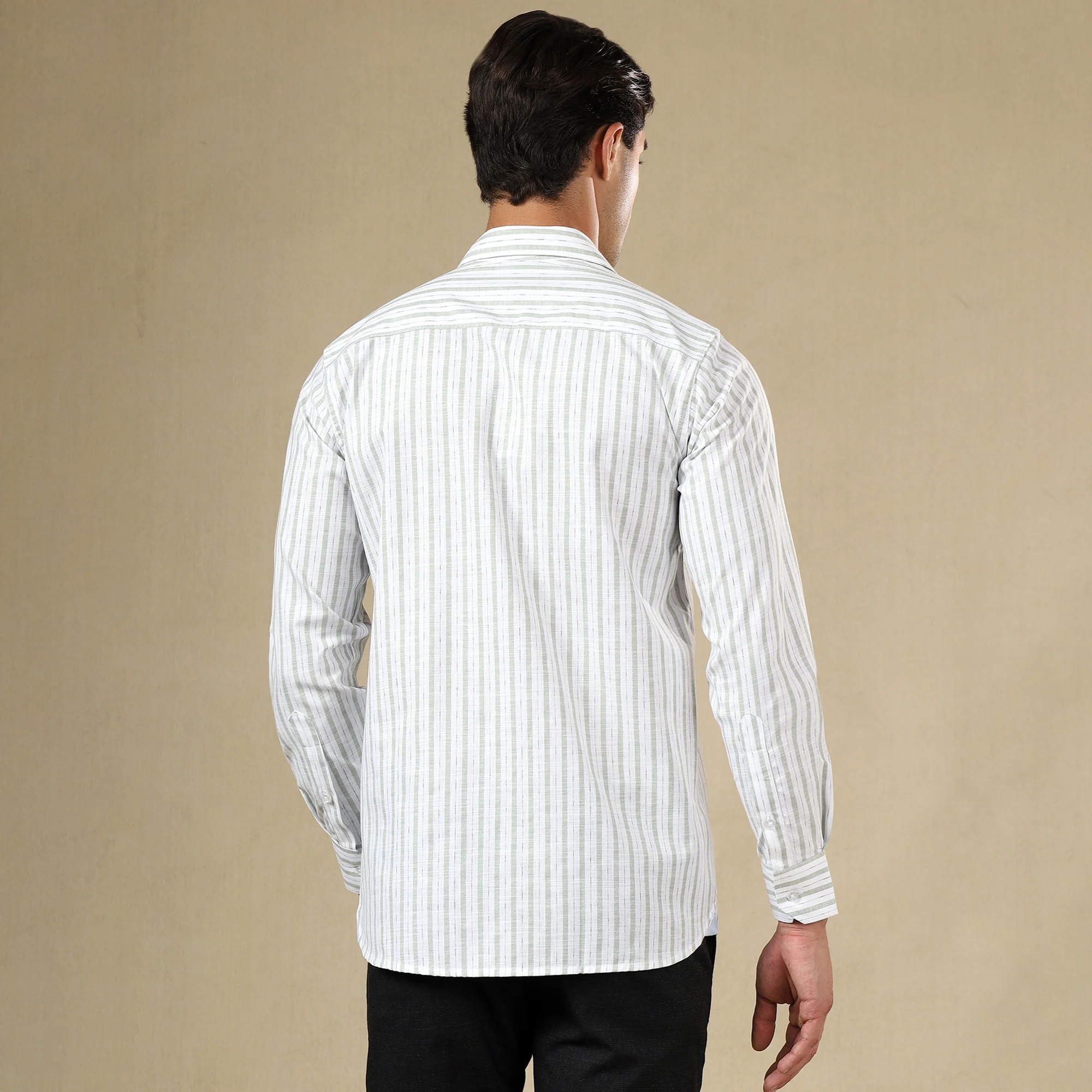 STRIPED LINEN SHIRT | SINGLE POCKET STRIPE SHIRT FOR MEN-Green - Image 3