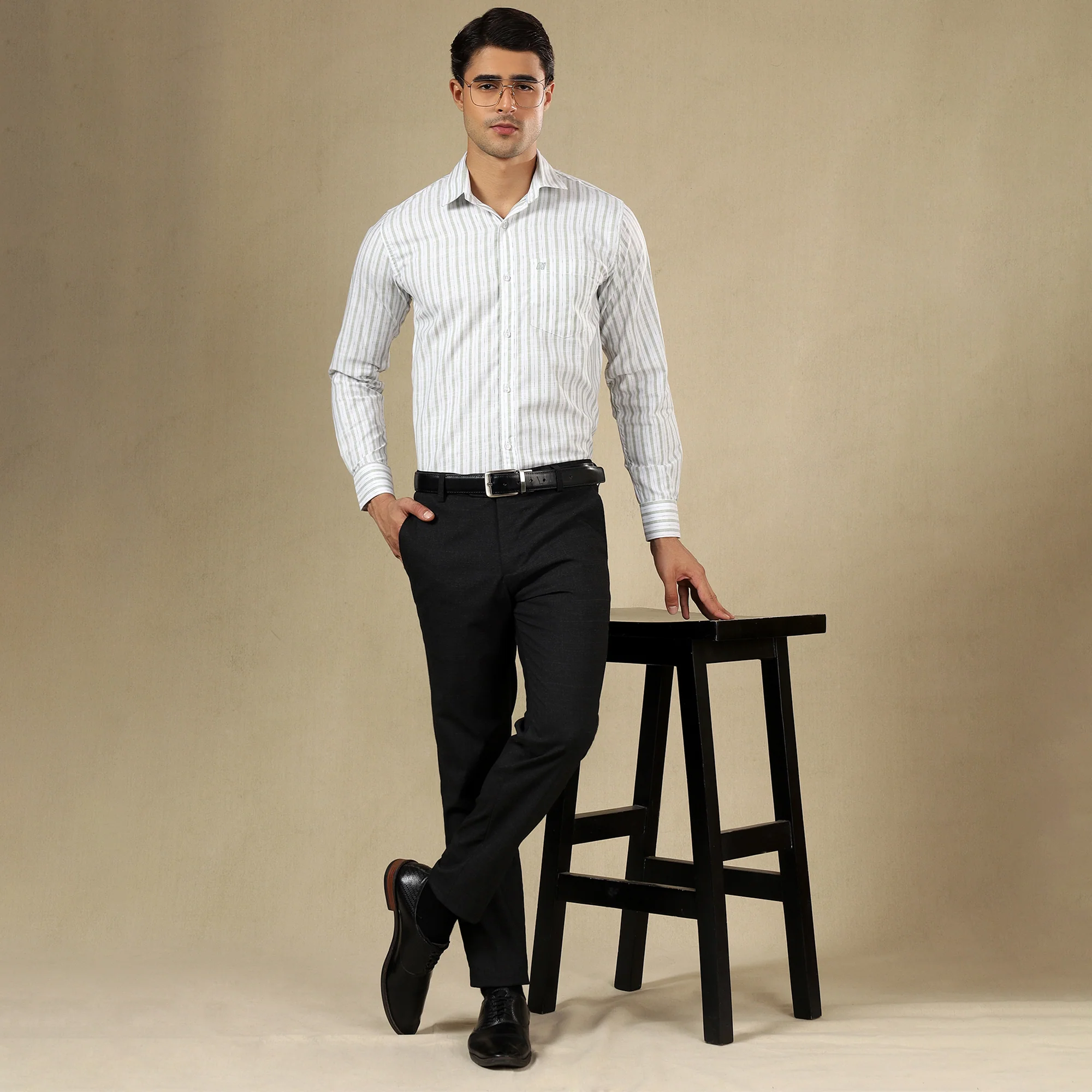 STRIPED LINEN SHIRT | SINGLE POCKET STRIPE SHIRT FOR MEN-Green - Image 4