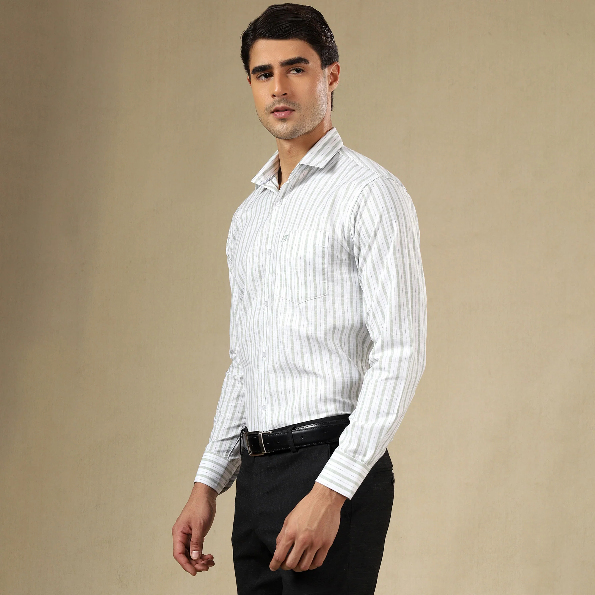 STRIPED LINEN SHIRT | SINGLE POCKET STRIPE SHIRT FOR MEN-Green - Image 5