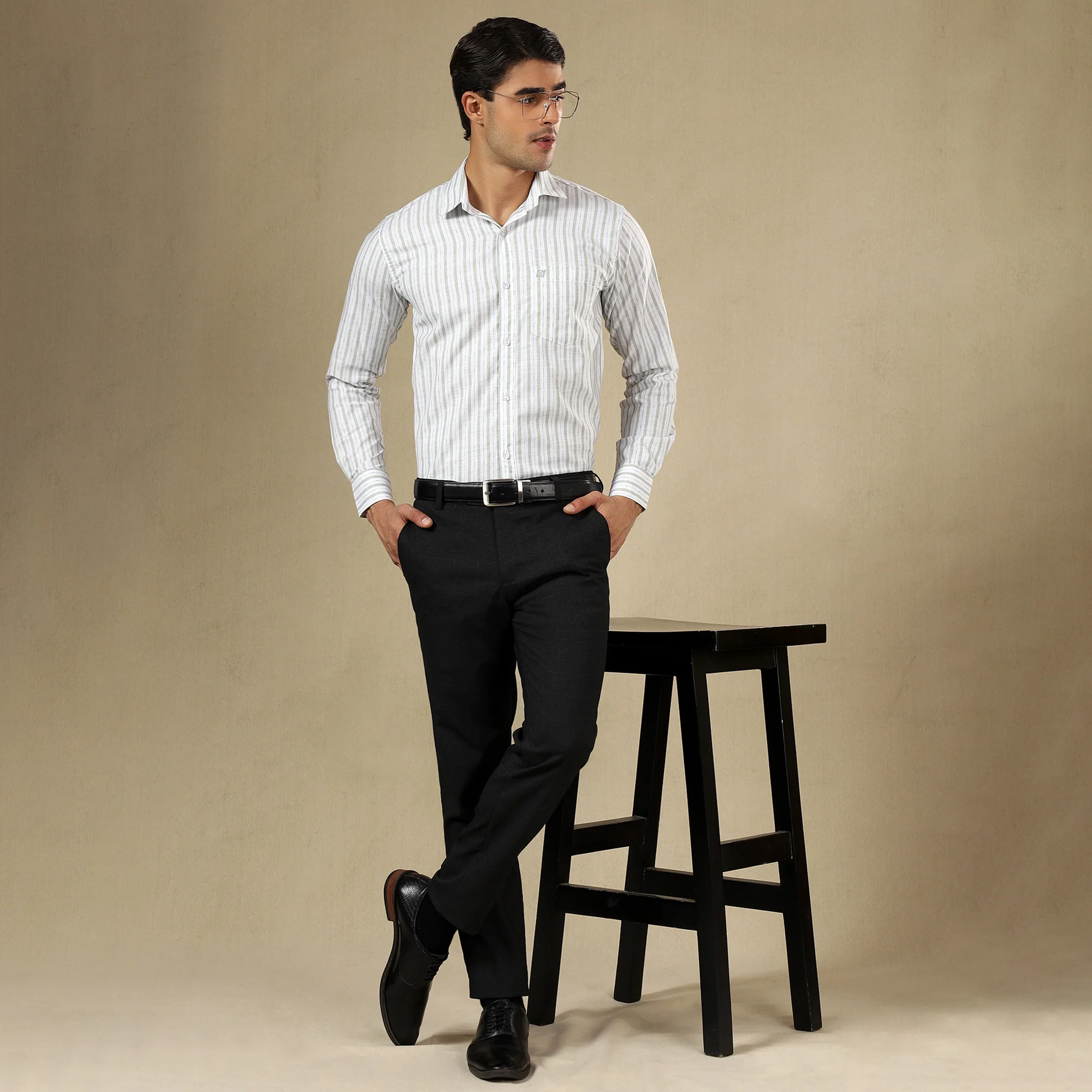 STRIPED LINEN SHIRT | SINGLE POCKET STRIPE SHIRT FOR MEN-Green - Image 6